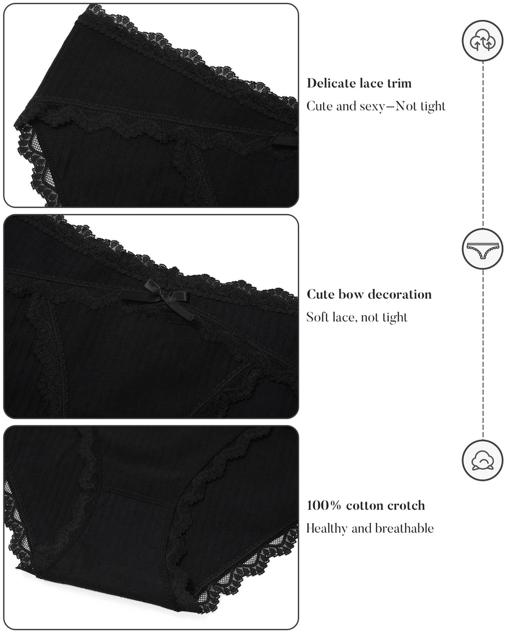 LEVAO 6 Pack Black Cotton Underwear for Women Lace Cheeky Bikini Panties Stretch Soft Hipster Ladies Briefs S-XXL