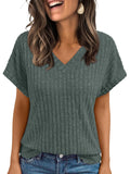 AUTOMET Womens Spring Tops 2026 Summer Dressy Casual Blouses Short Sleeve Cute V Neck Sweater Shirts Fashion Vacation Clothes Green L