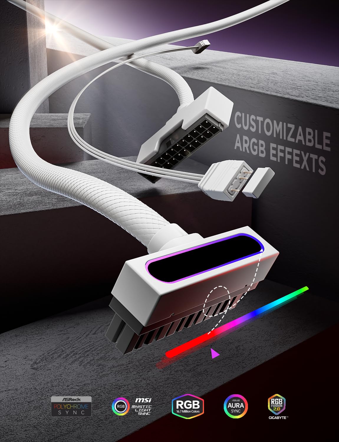 AsiaHorse Hydrus-24PIN PC PSU Extension, ATX 24PIN Motherboard Power Extension 90° Right Angle Design, 650W Power Supply, Perfect for PC Case Management & DIY Enthusiasts (White, 24Pin-ARGB)