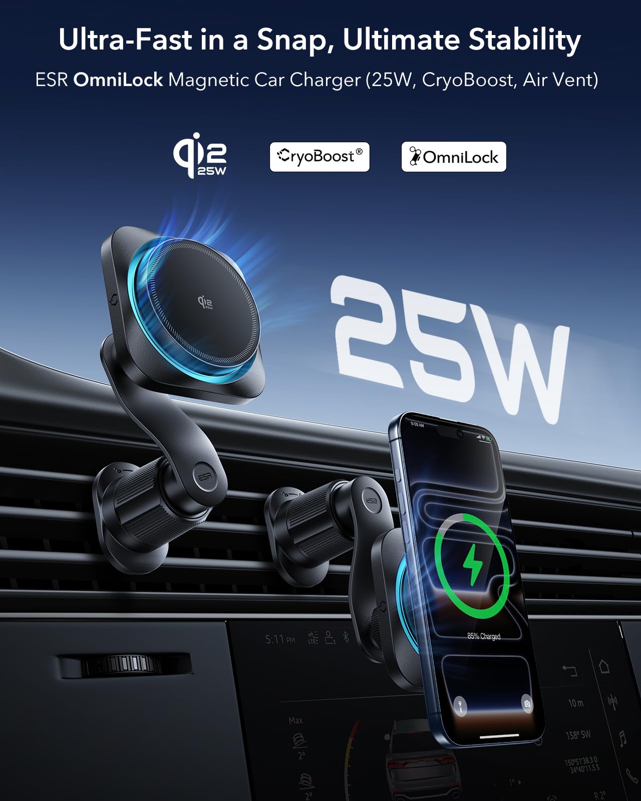 ESR OmniLock Qi2.2 Certified 25W MagSafe Car Mount Charger with CryoBoost, Phone Cooling MagSafe Car Charger, 360° Rotatable, Air Vent Magnetic Car Phone Holder for iPhone 17/16 with iOS 26, Black