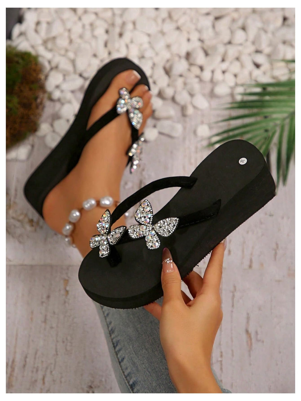 WDIRARA Women's Sparkly Rhinestone Platform Flip Flops Thong Sandals Flower Slip on Wedge Sandals Black Butterfly 8.5