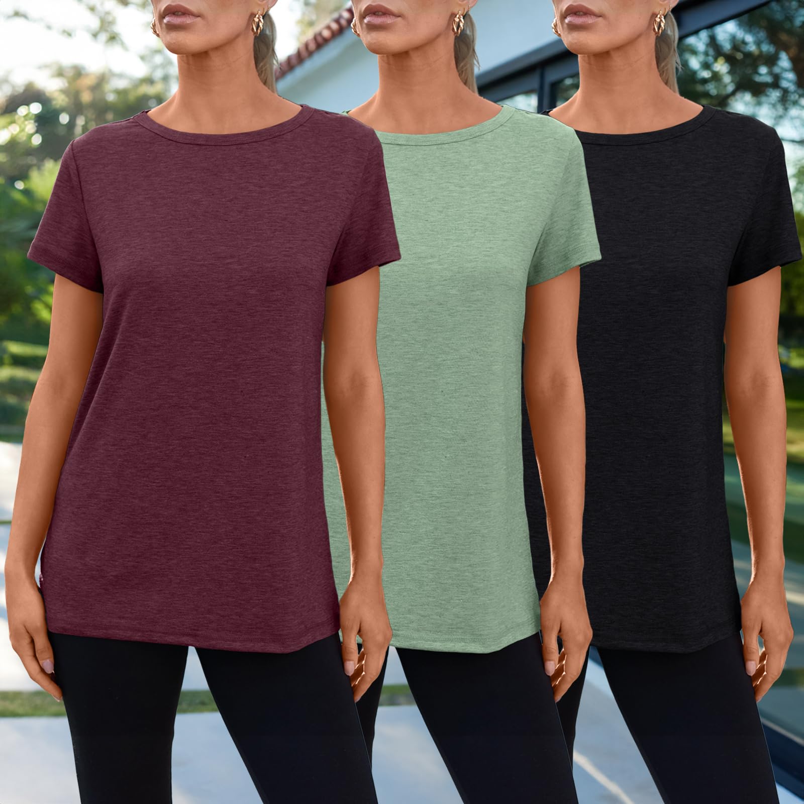 SUNBS Womens Summer Tops Short Sleeve T-Shirts Fashion 3 Pack Basic Tees Comfy Clothes Workout Casual Vacation Outfits 2026 RedGreenBlack L