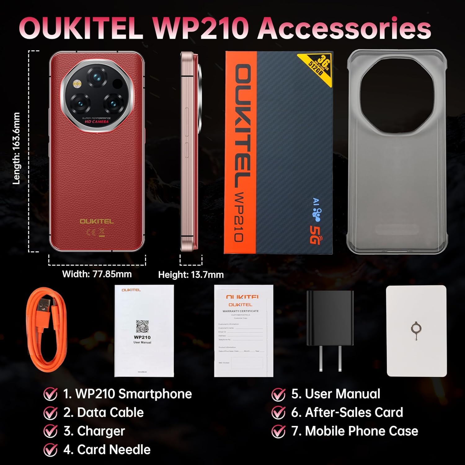 OUKITEL WP210 512GB Rugged Smartphone 5G Unlocked-36GB+512GB,8800mAh Massive Battery, 6.7" AMOLED 120Hz Display,108MP Camera, IP68/69K, Android 15, 45W Fast Charge, Dual SIM,Fingerprint, WiFi 6,Red