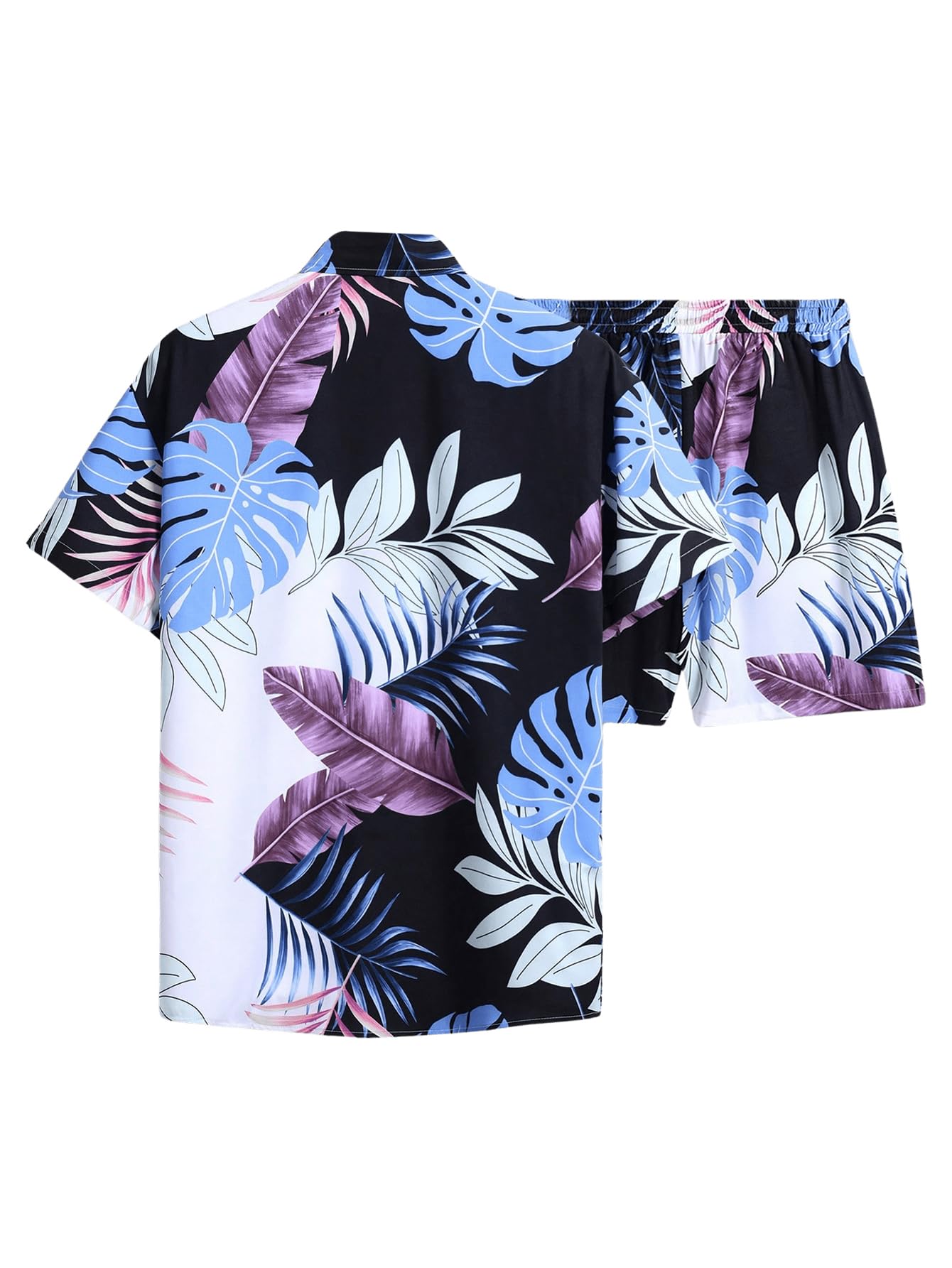 GORGLITTER Men's Vacation Beach Cruise Summer Outfits 2 Piece Shorts Set Hawaiian Button Down Shirt and Shorts Blue and Black Medium