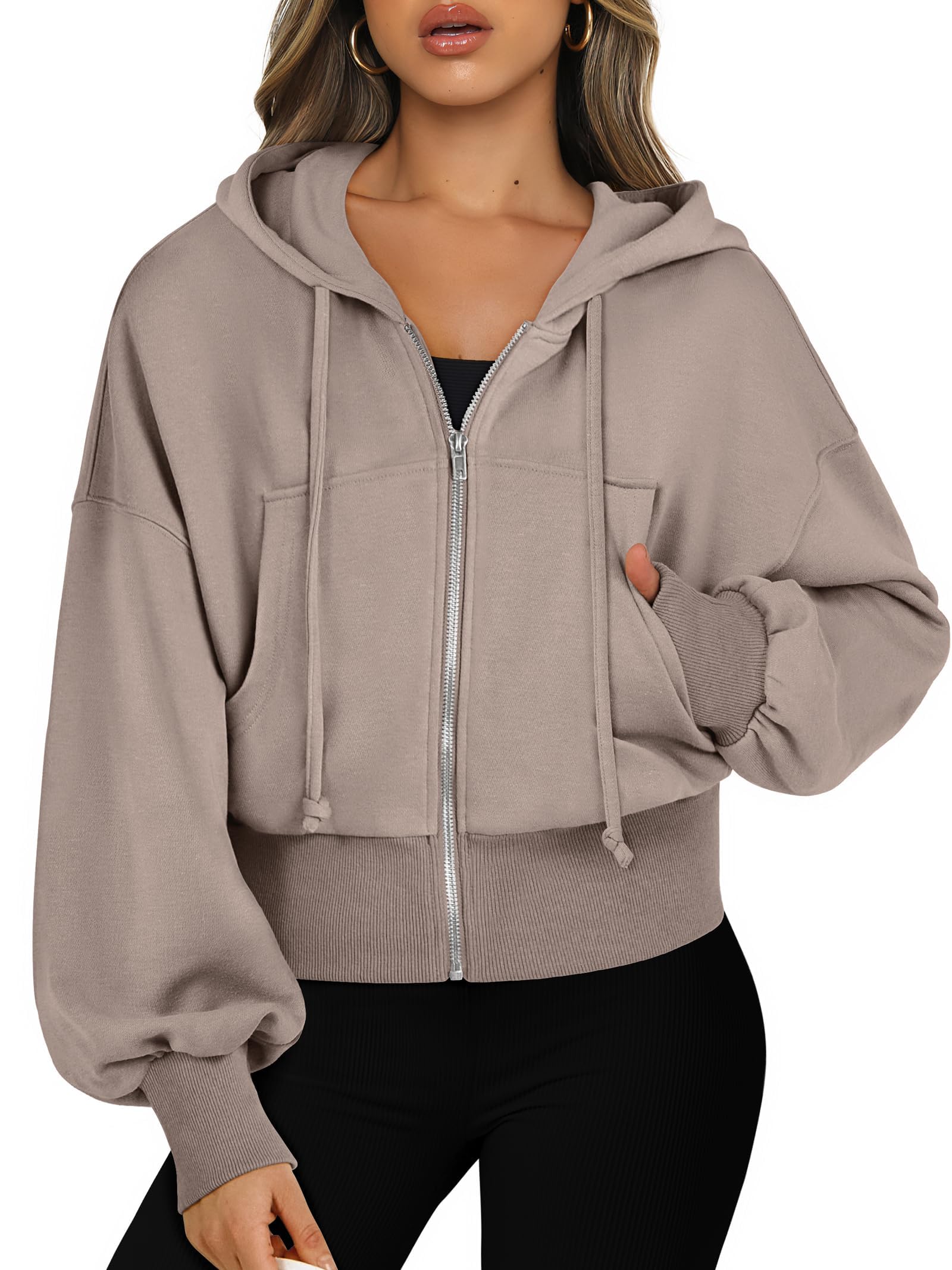 ANRABESS Womens Zip Up Hoodies Cropped Sweatshirts Casual Comfy Cute Zip Jackets Fashion Trendy Fall Outfits 2026 Y2K Clothes Khaki Medium