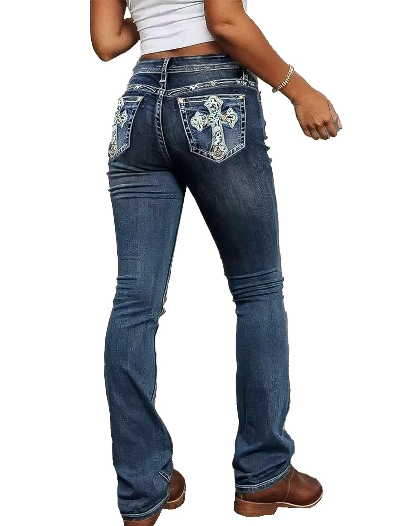 Flamingals Embroidered Bootcut Jeans for Women Mid Rise Stretchy Criss Cross Graphic Curvy Bell Bottom Jeans Navy Blue M