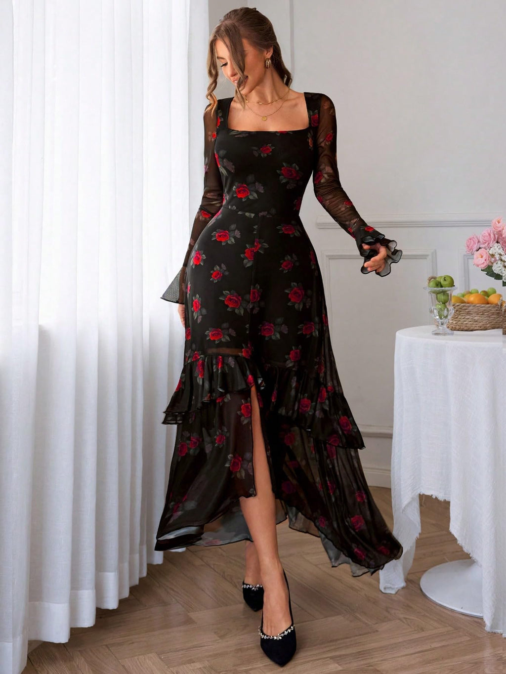 GothDark Women's Floral Mesh Dress Elegant Long Sleeve Square Neck Double Layer Ruffle Hem Casual Wedding Guest Maxi Dresses