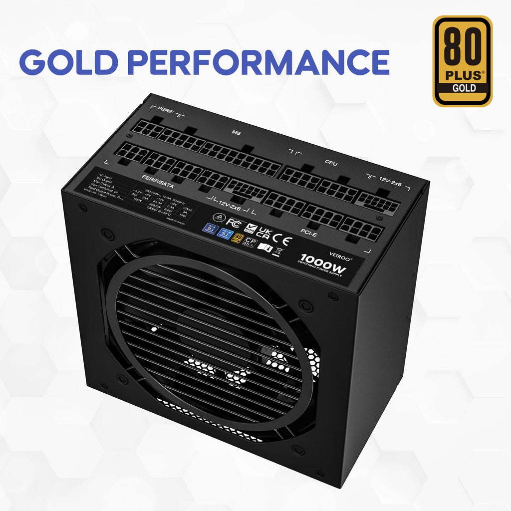Vetroo 1000W Black Power Supply ATX 3.1 Ready Dual PCIe 5.1, 80 Plus Gold Full Modular, Eco Mode with 120mm FDB Fan, Compact Size, 10 Year Warranty for Gaming PC