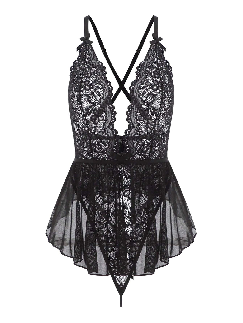 Lilosy Sexy Belt Floral Lace Mesh Babydoll Lingerie Sleepwear Romper