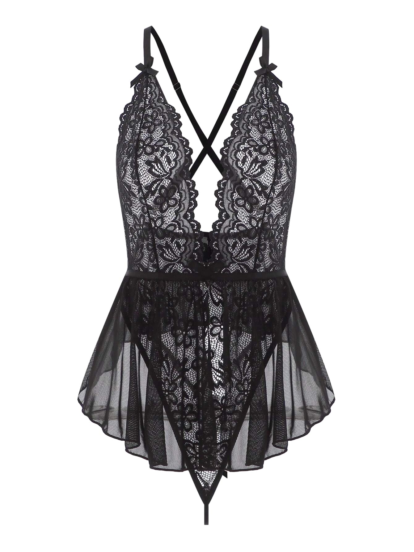 Lilosy Sexy Belt Floral Lace Mesh Babydoll Lingerie Sleepwear Romper