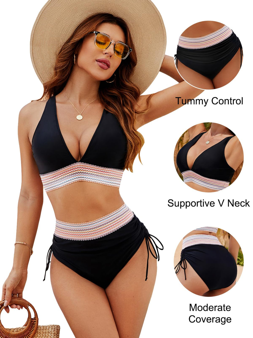 Blooming Jelly Womens High Waisted Bikini Tummy Control Color Block Swimsuits Two Piece Bathing Suit (L, Black)