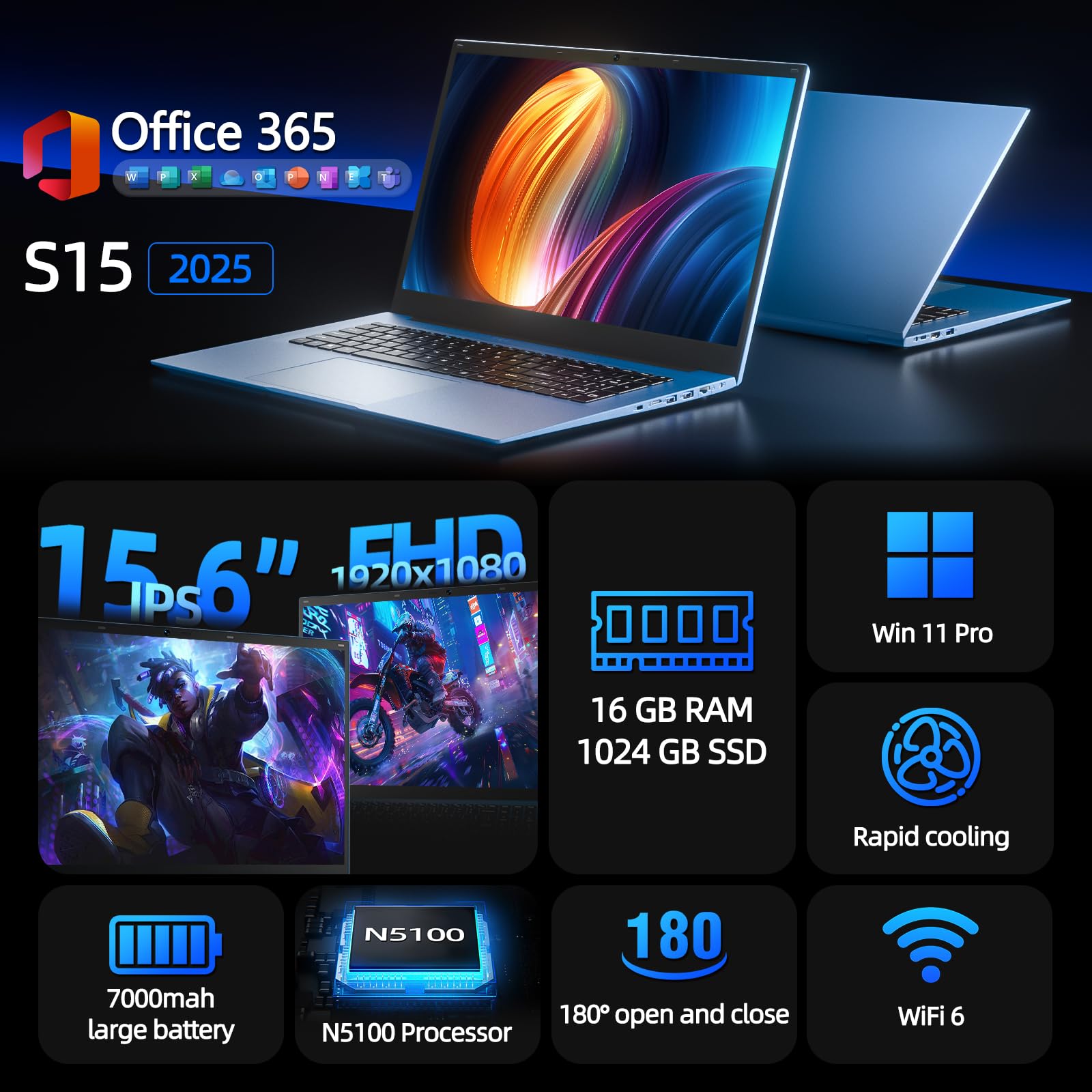 SGIN 15.6 Inch Laptop Computer, Windows 11 Laptops 16GB RAM 1024GB SSD, Celeron N5100, Office 365, IPS FHD, WiFi 6, 53.2WH Battery, 180° Viewing, HDMI, Cooling Fan, for Business and Students
