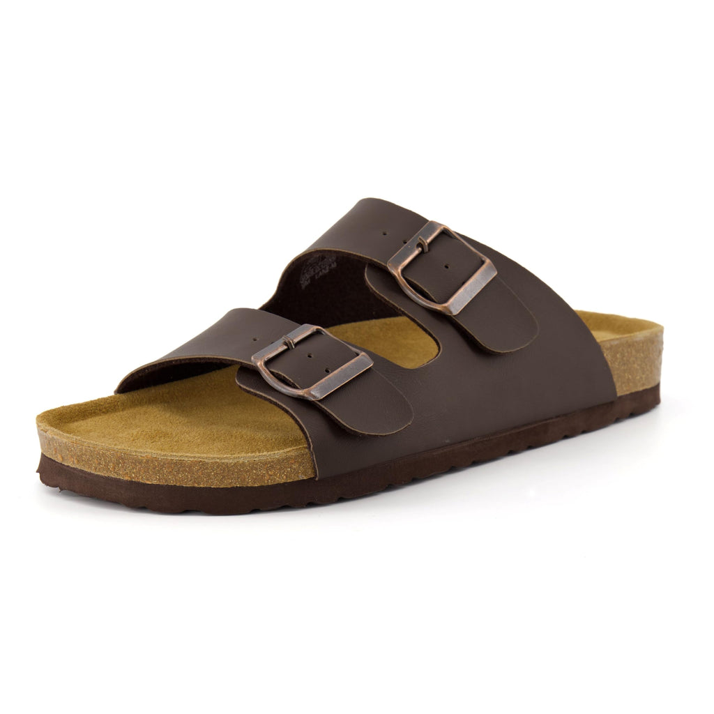 CUSHIONAIRE Lane Cork Footbed Mens Sandals, Adjustable Buckle Comfort Slides for Men, Genuine Leather Insole Summer Sandals Men Footwear, BROWN 13
