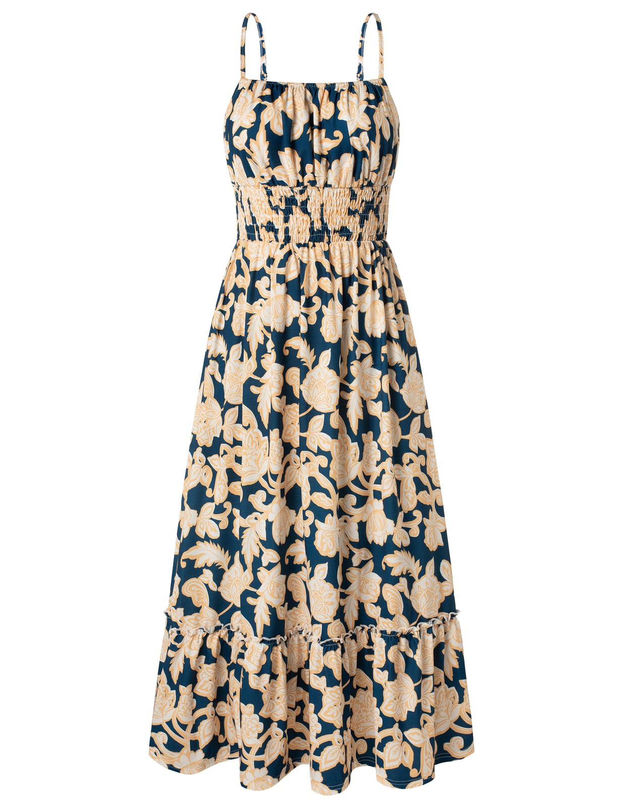 GRACE KARIN Summer Dresses for Women 2026 Vacation,Smocked Floral Maxi Dresses,Boho Beach Long Sundress Navy Flower S