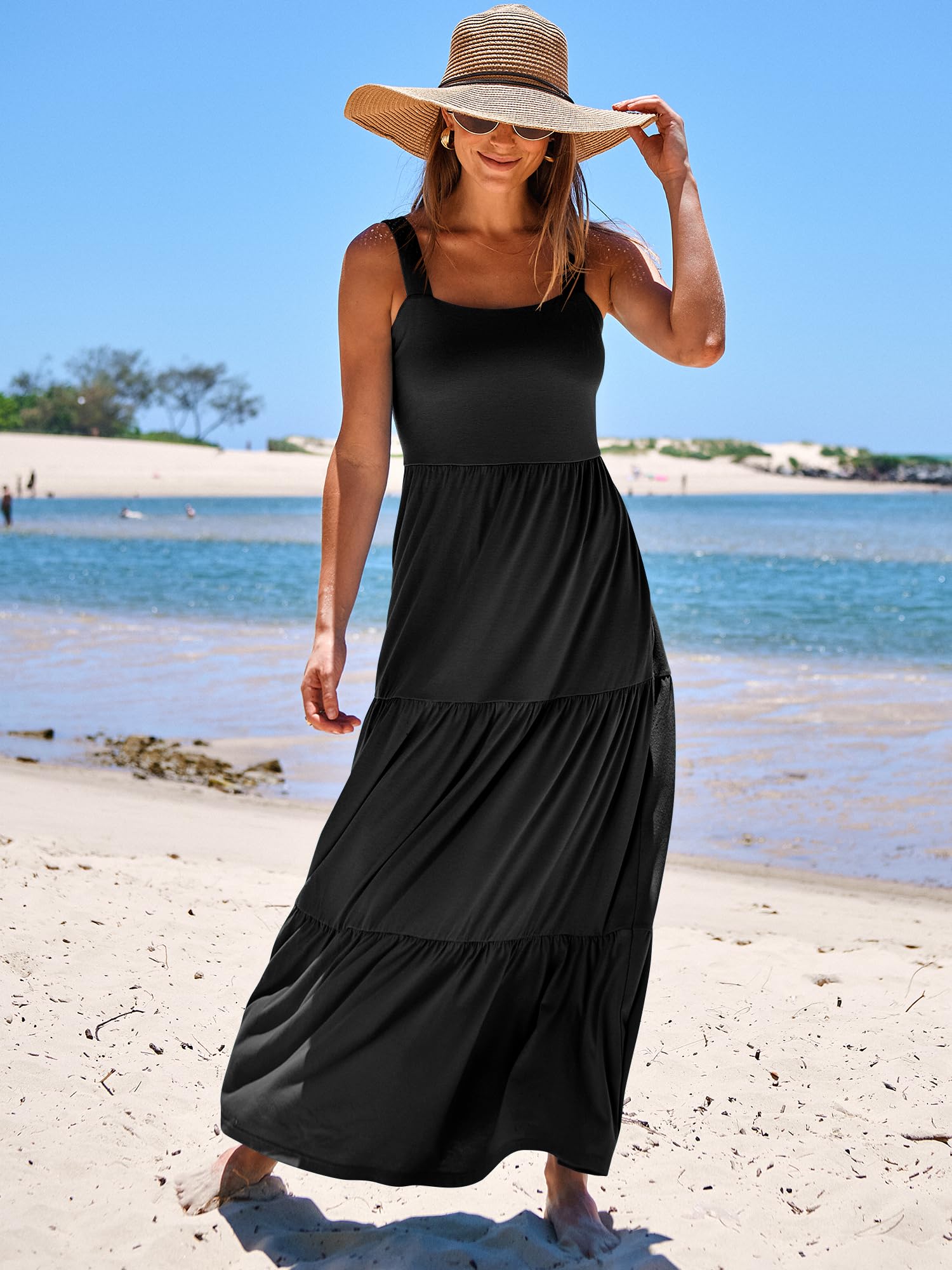 ANRABESS Women's Summer Casual Long Maxi Beach Vacation Dresses Sleeveless Square Neck Flowy Tiered Sun Dress with Pockets Black Large