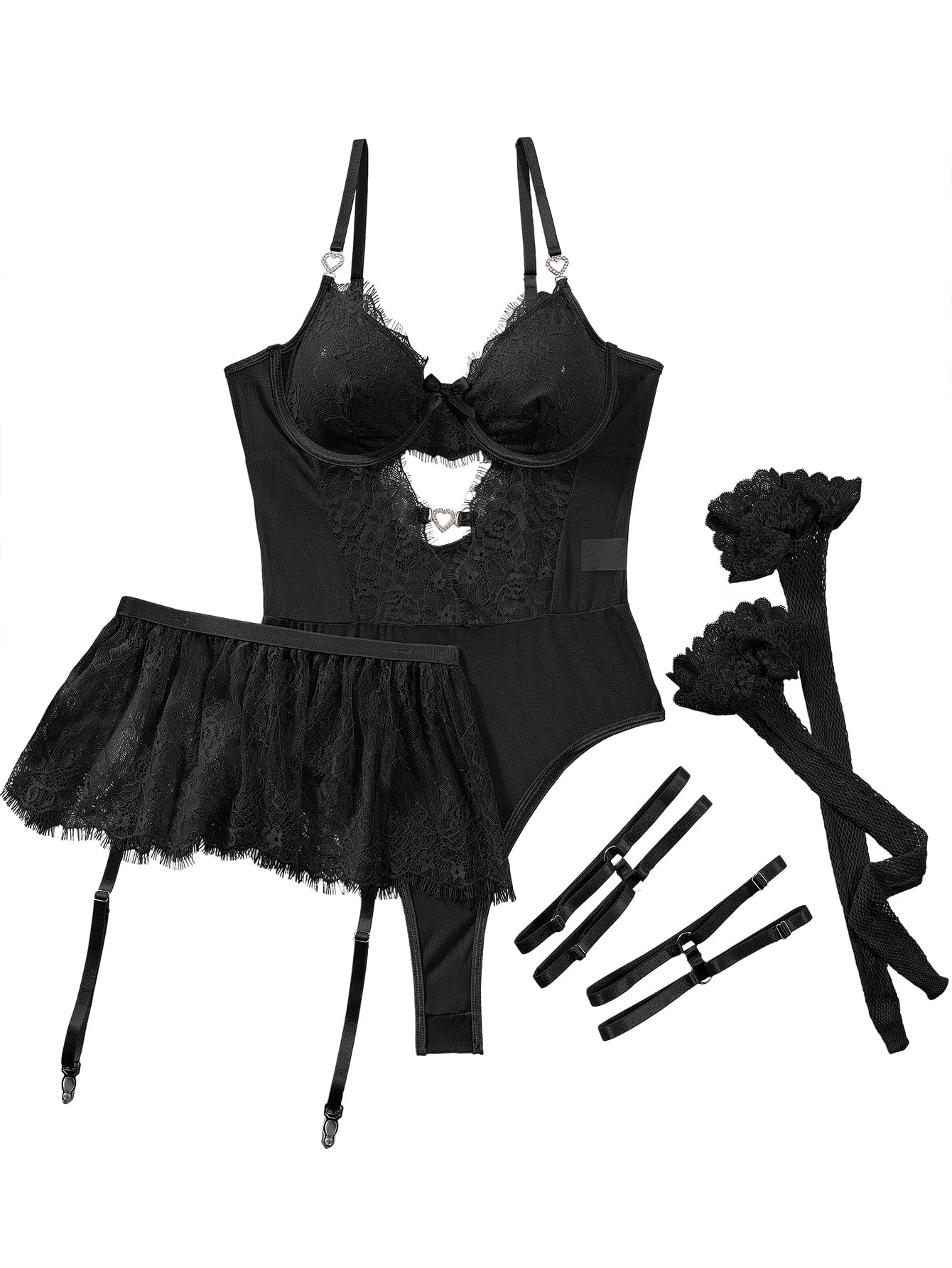 Lilosy Petite Sexy Stocking Rhinestones Heart Garter Underwire Floral Mesh lace Sheer Babydoll Lingerie Teddy Bodysuit Skirt Set Women 2 3 Piece Push Up See Through Black 3X-Small