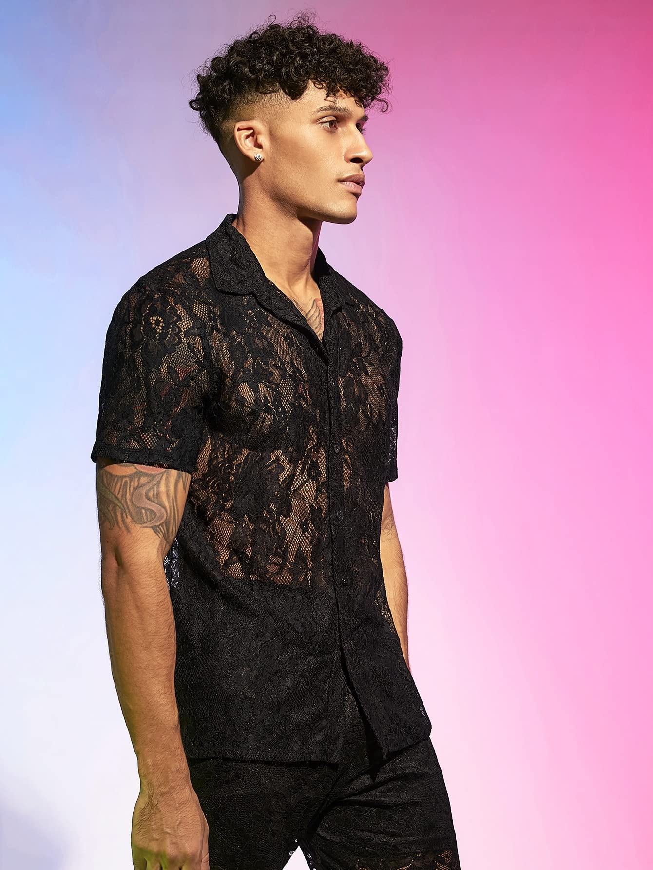 WDIRARA Men's Floral Mesh Tee Top Sheer Round Neck Short Sleeve T Shirts Black Lace XL