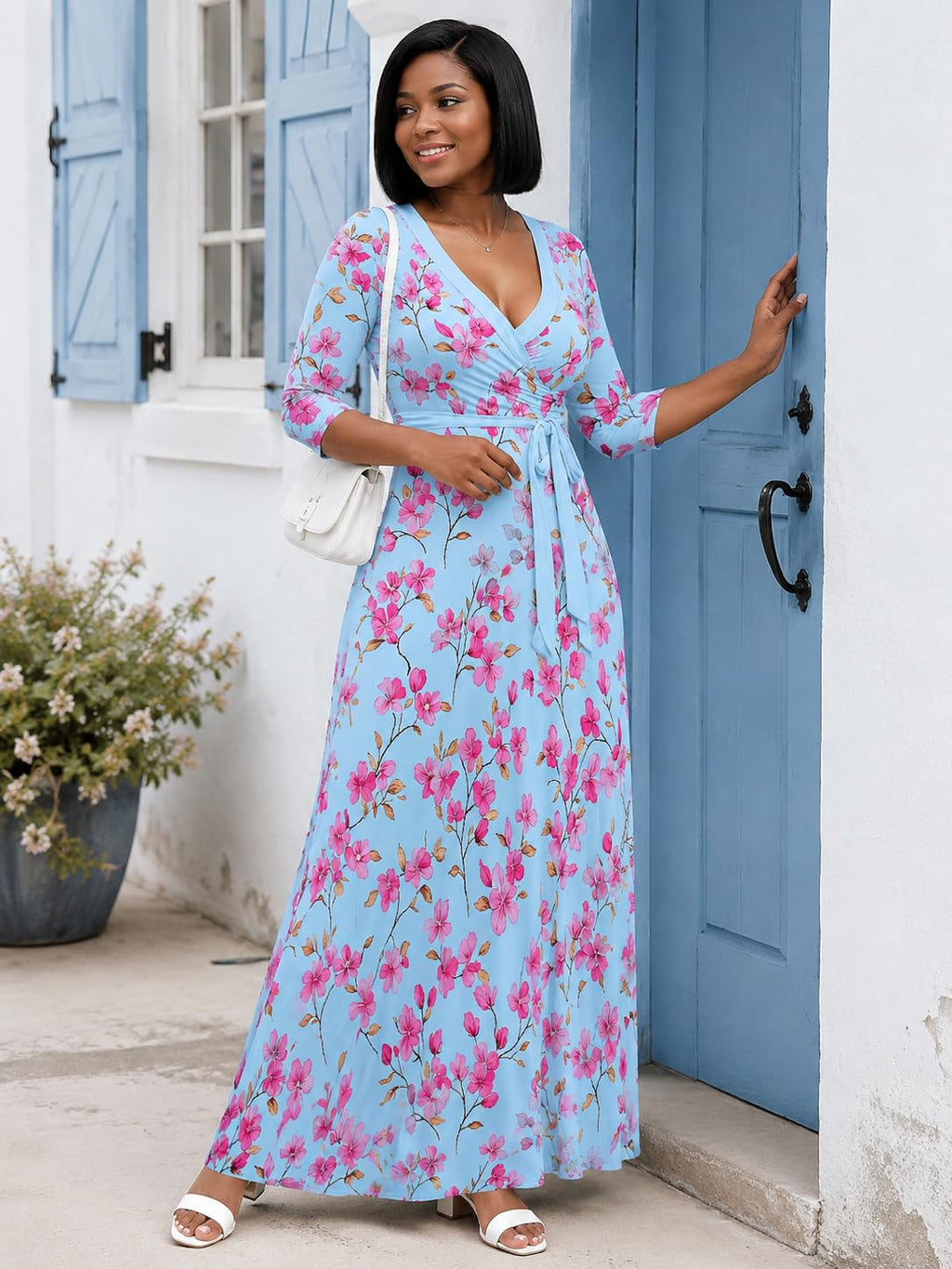 PinkPatty Plus Size Maxi Dress for Women Casual V Neck 3/4 Sleeve Boho Printed Long Dress with Pockets (Floral7 2XL)