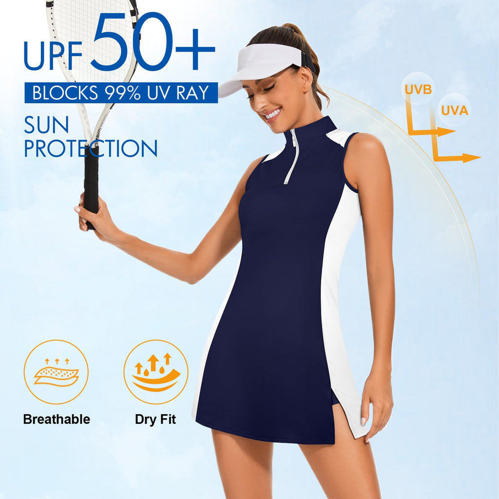 Viracy Tennis Dress for Women Golf Dresses with Built in Shorts, Pockets Sleeveless Slimming Athletic Dress Zip Up Stand Collar Lightweight for Hiking Running, Dark Blue, Large