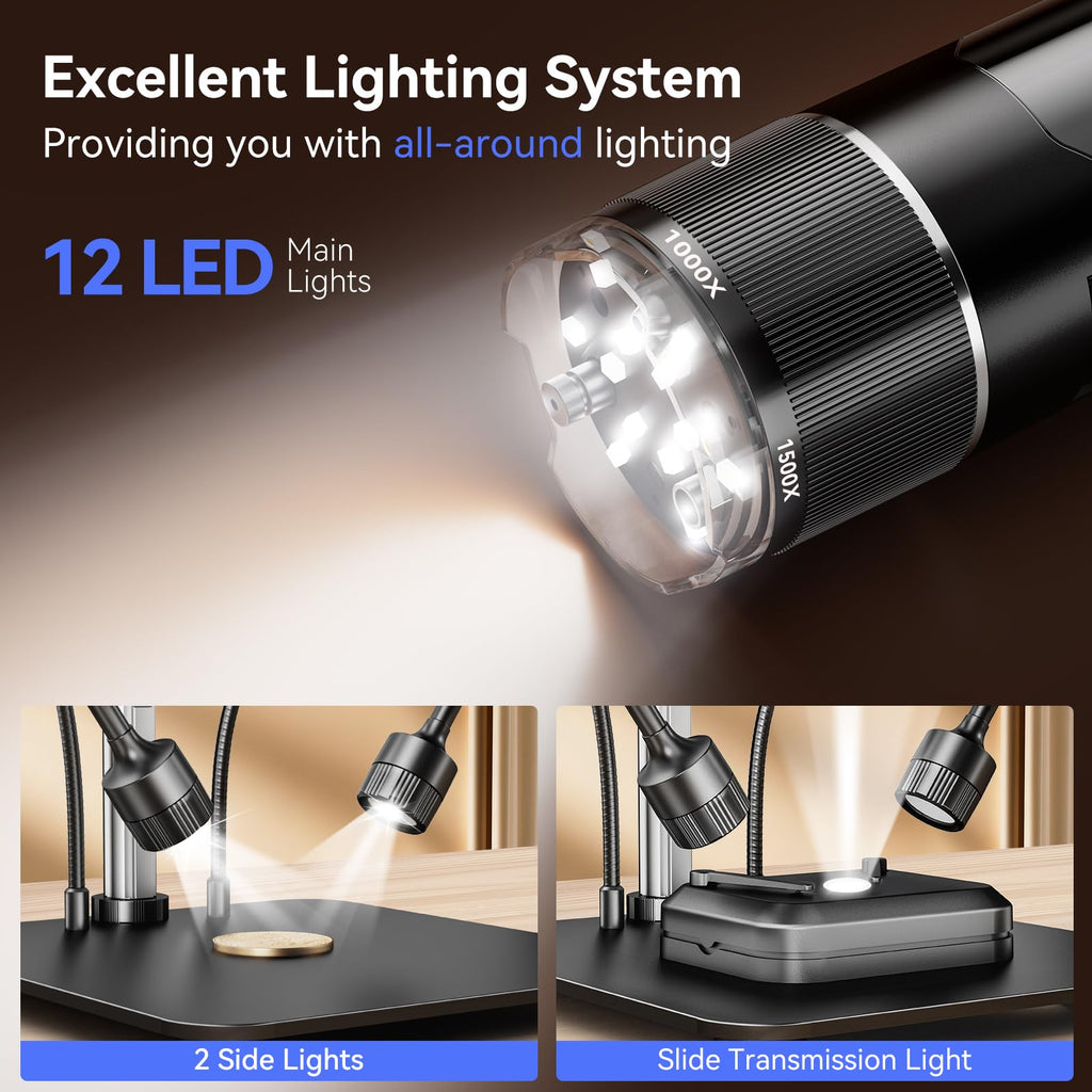 TOMLOV TriL107 3-Lens Digital Microscope: 7" 2500X 2K HDMI Coin Microscope Magnifier for Whole Coin View with IPS Screen, LCD Soldering Microscopes for Adults, 14 LED Lights, PC/TV Compatible, 64GB