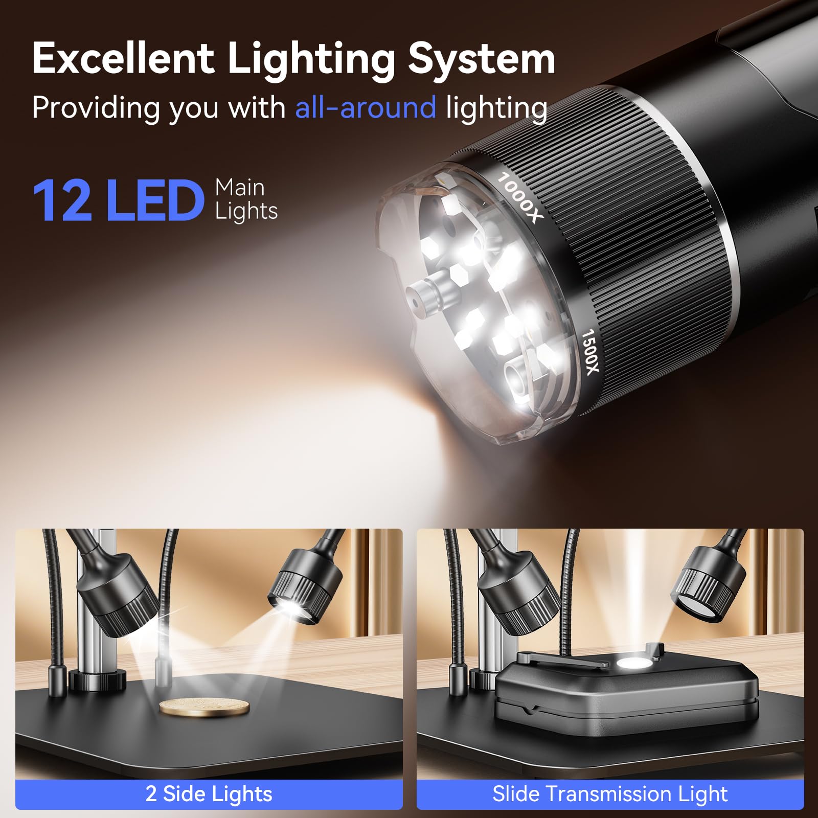 TOMLOV TriL107 3-Lens Digital Microscope: 7" 2500X 2K HDMI Coin Microscope Magnifier for Whole Coin View with IPS Screen, LCD Soldering Microscopes for Adults, 14 LED Lights, PC/TV Compatible, 64GB