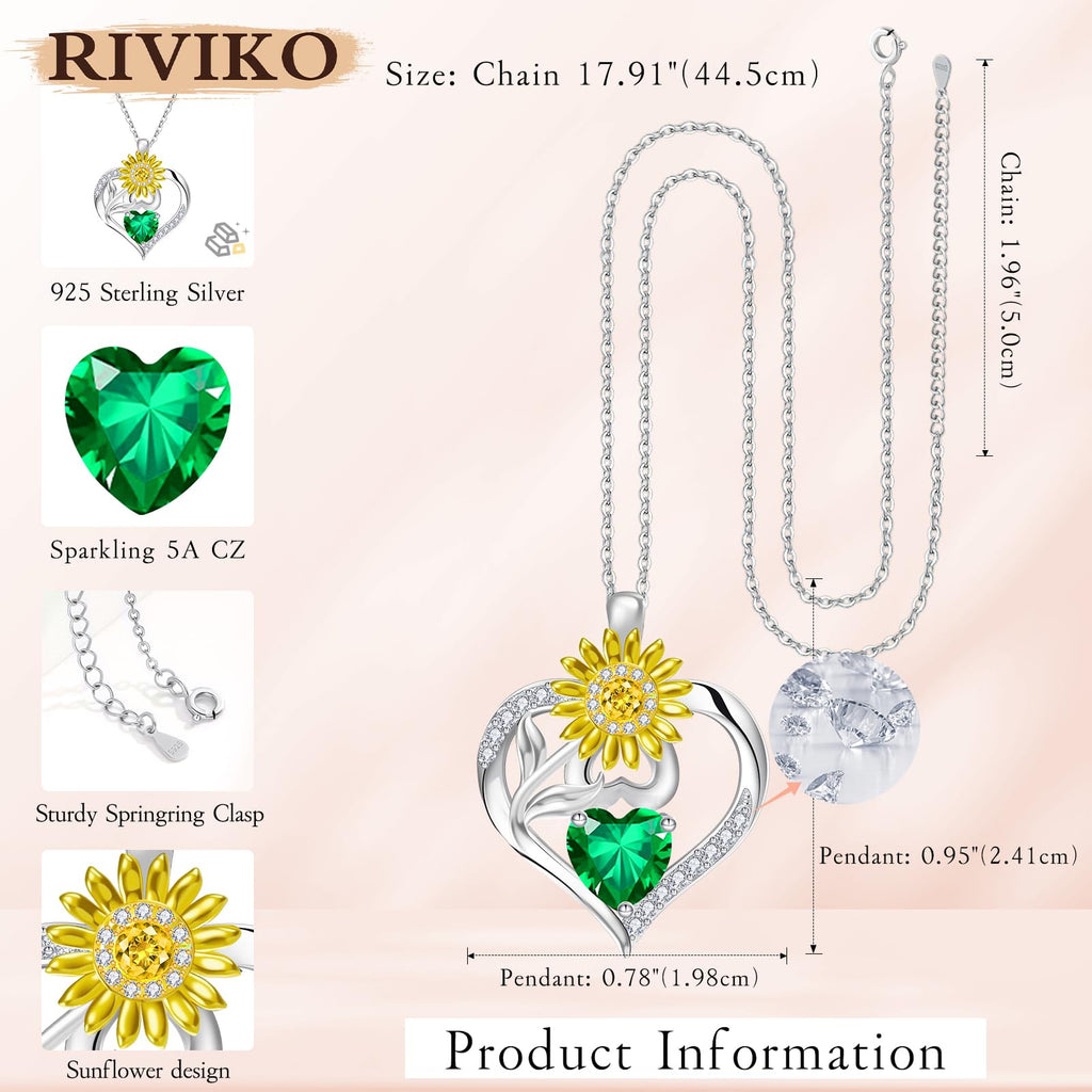 RIVIKO Valentine's Day Gifts for Her-Sunflower Birthstone Necklace for Women,925 Sterling Silver Heart Pendant,Anniversary Birthday Gifts for Women,May Birthstone Jewelry for Wife Mother