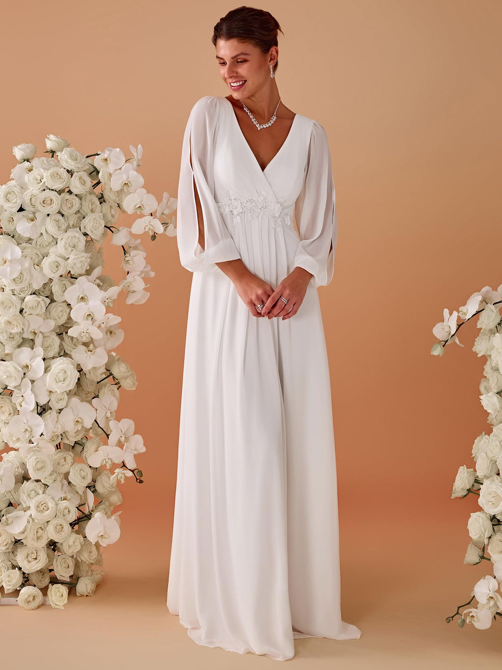 Ever-Pretty Women's V Neck Long Lantern Sleeves Floor Length Ruched Chiffon A-Line Formal Evening Dress Cream US10