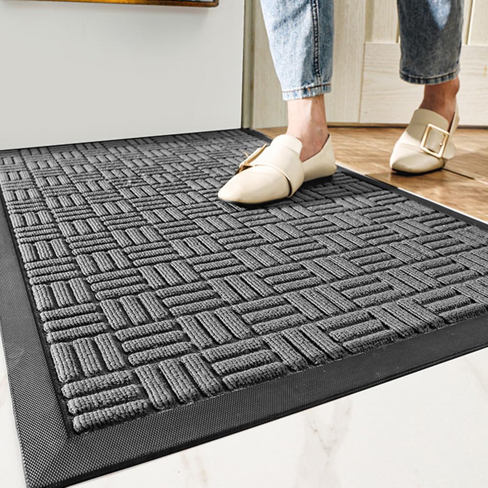MATZEN Block Pattern Doormat, Heavy Duty Indoor Outdoor Entrance Mat, Non-Slip Rubber Base, Waterproof Dirt Trapping Floor Mat for Front Door, Office, Store, 29.5x17.7, Grey