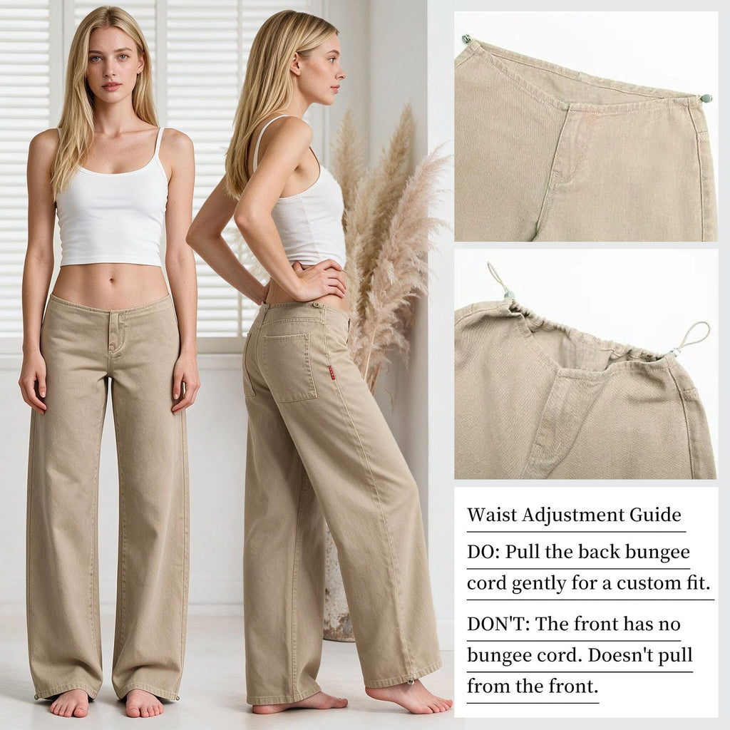 Adjustable Low Rise Jeans for Women Baggy Wide Straight Leg Denim Pants