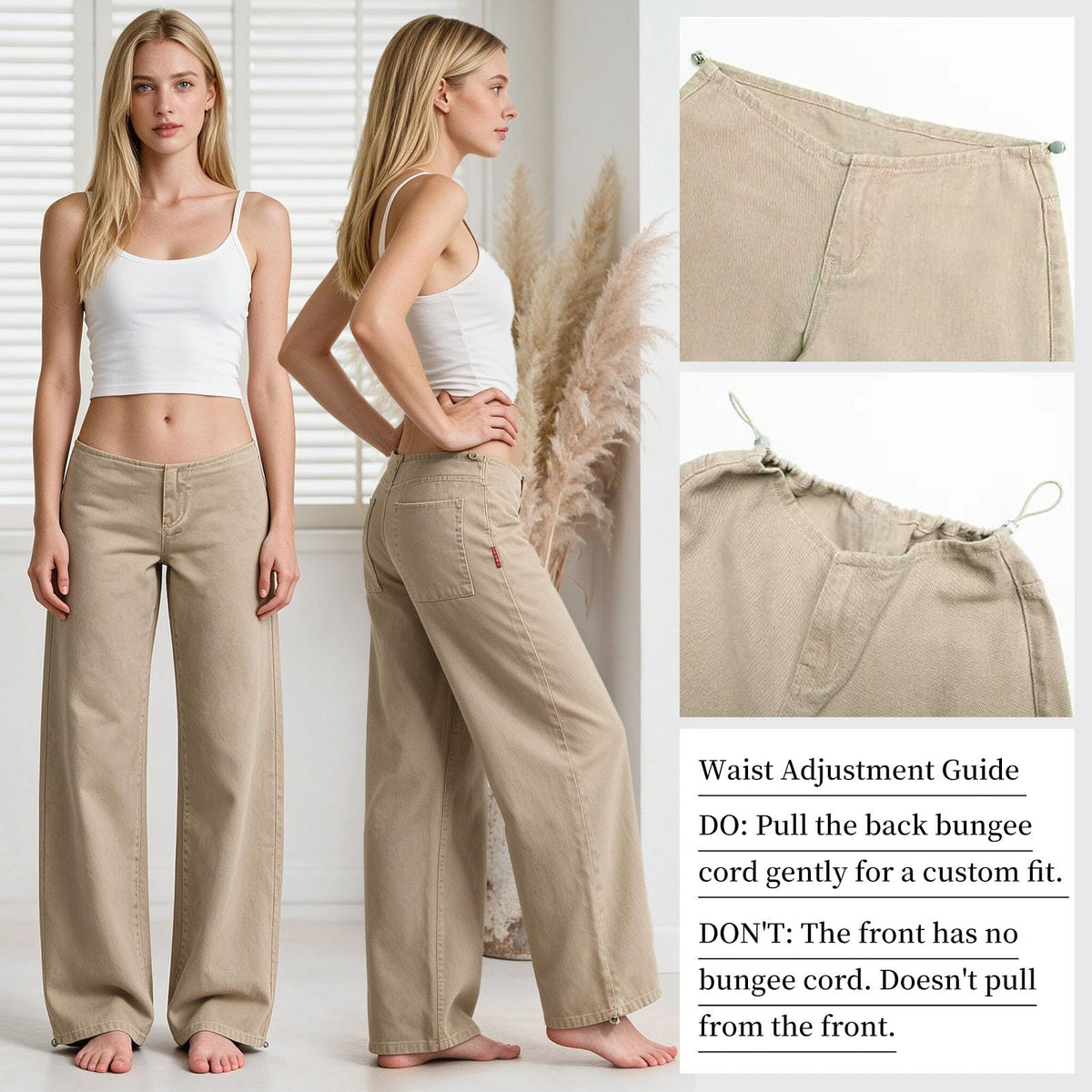 Adjustable Low Rise Jeans for Women Baggy Wide Straight Leg Denim Pants