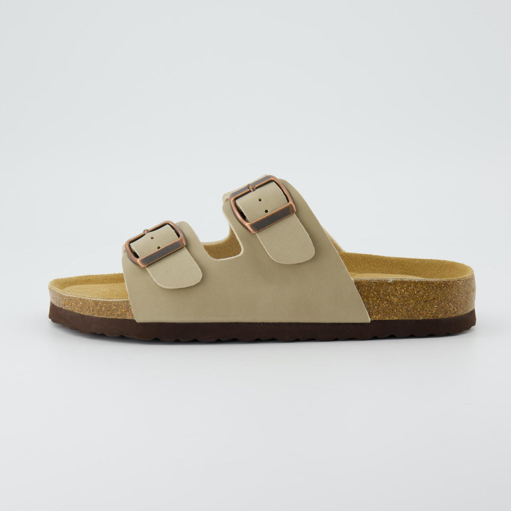 CUSHIONAIRE Lane Cork Footbed Womens Sandals Comfortable Double Buckle Slip On Sandals for Women with Arch Support and Classic Two Strap Design, STONE 8W