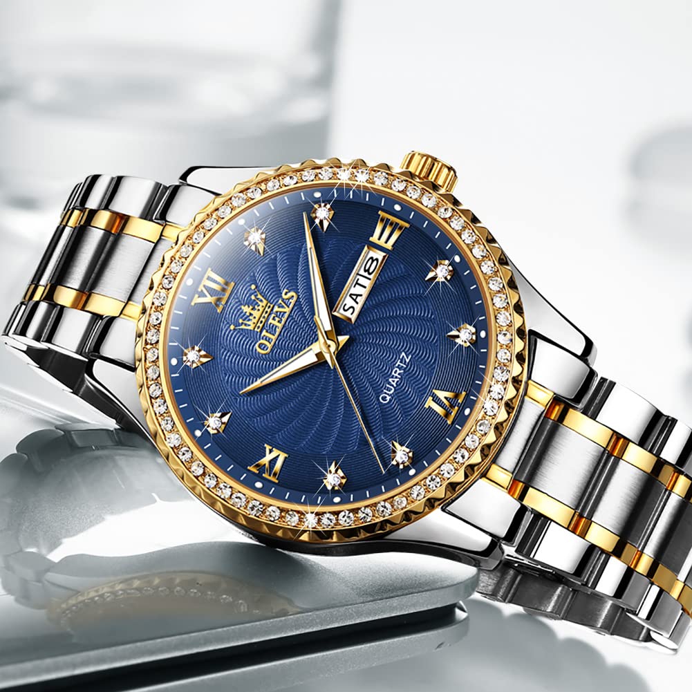 OLEVS Mens Watch Blue Business Diamond Waterproof Watches for Men Casual Dress Stainless Steel Two Tone Male Wrist Watch
