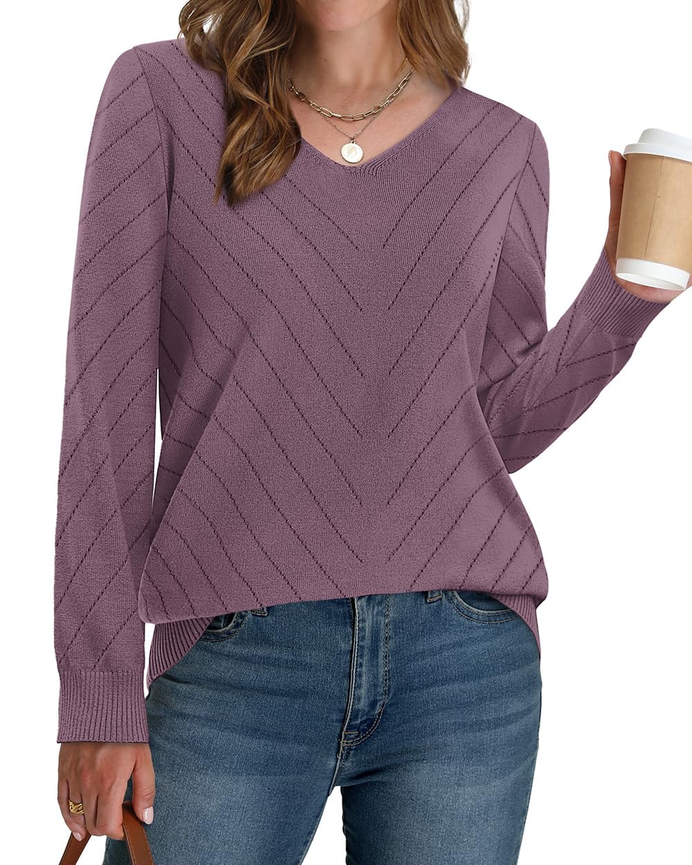 WIHOLL Womens Sweaters Dressy Casual Lightweight Long Sleeve Trendy Fall Tops V Neck Business Casual Outfits Travel Vacation Clothes Soft Cozy Warm Knit Spring Outfits Pullovers Grey Purple M