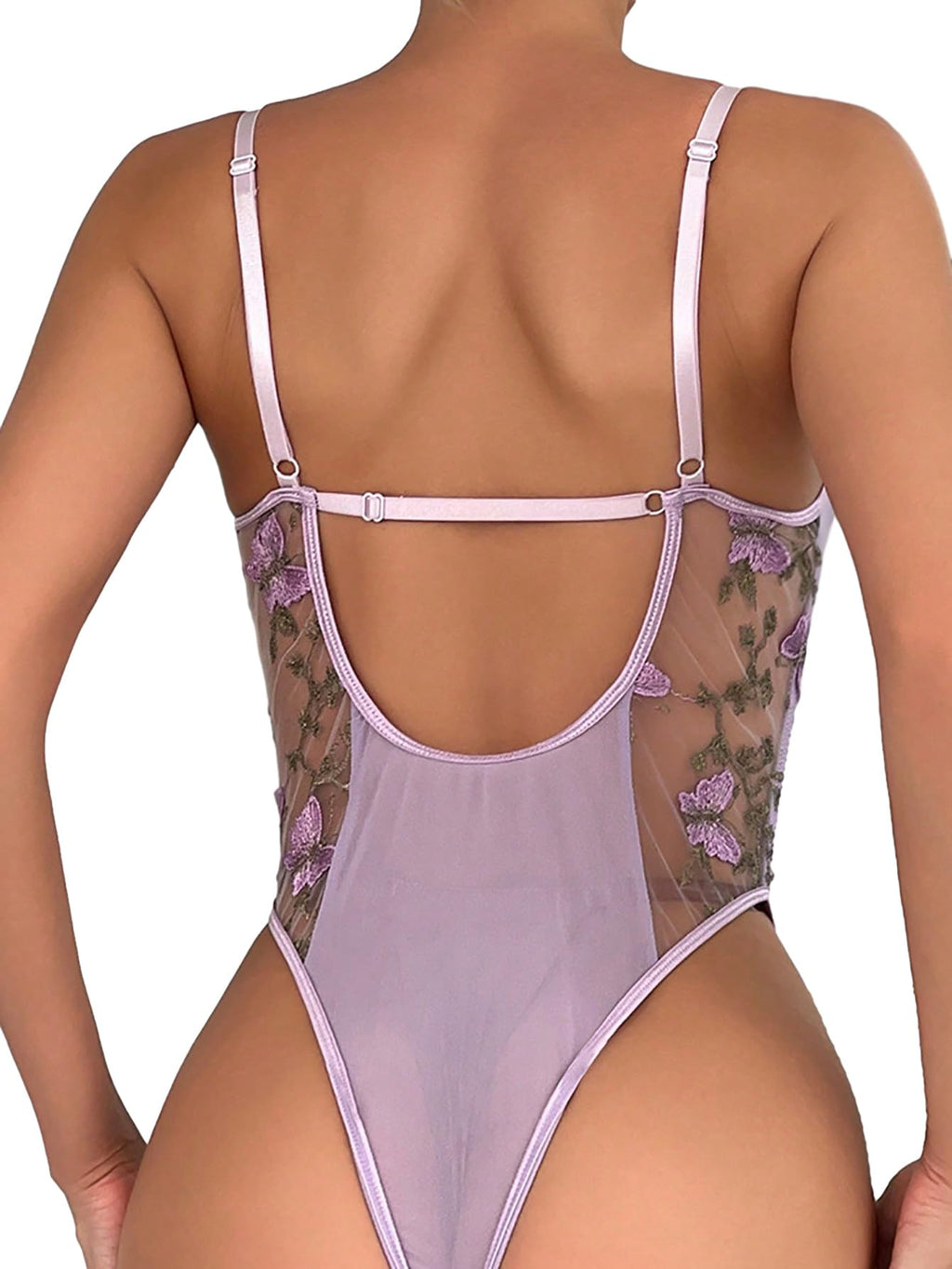 Lilosy Women Sexy Lace Up Floral Embroidered Teddy Babydoll Lingerie Bodysuit Top Mesh Sheer One Piece See Through Butterfly Light Purple Medium