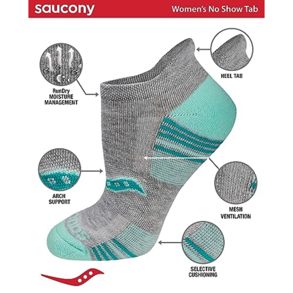 Saucony Women's RunDry Performance 8, 16 Pairs Heel Tab Athletic Socks, S-L, Grey Assorted (8 Pairs), Medium