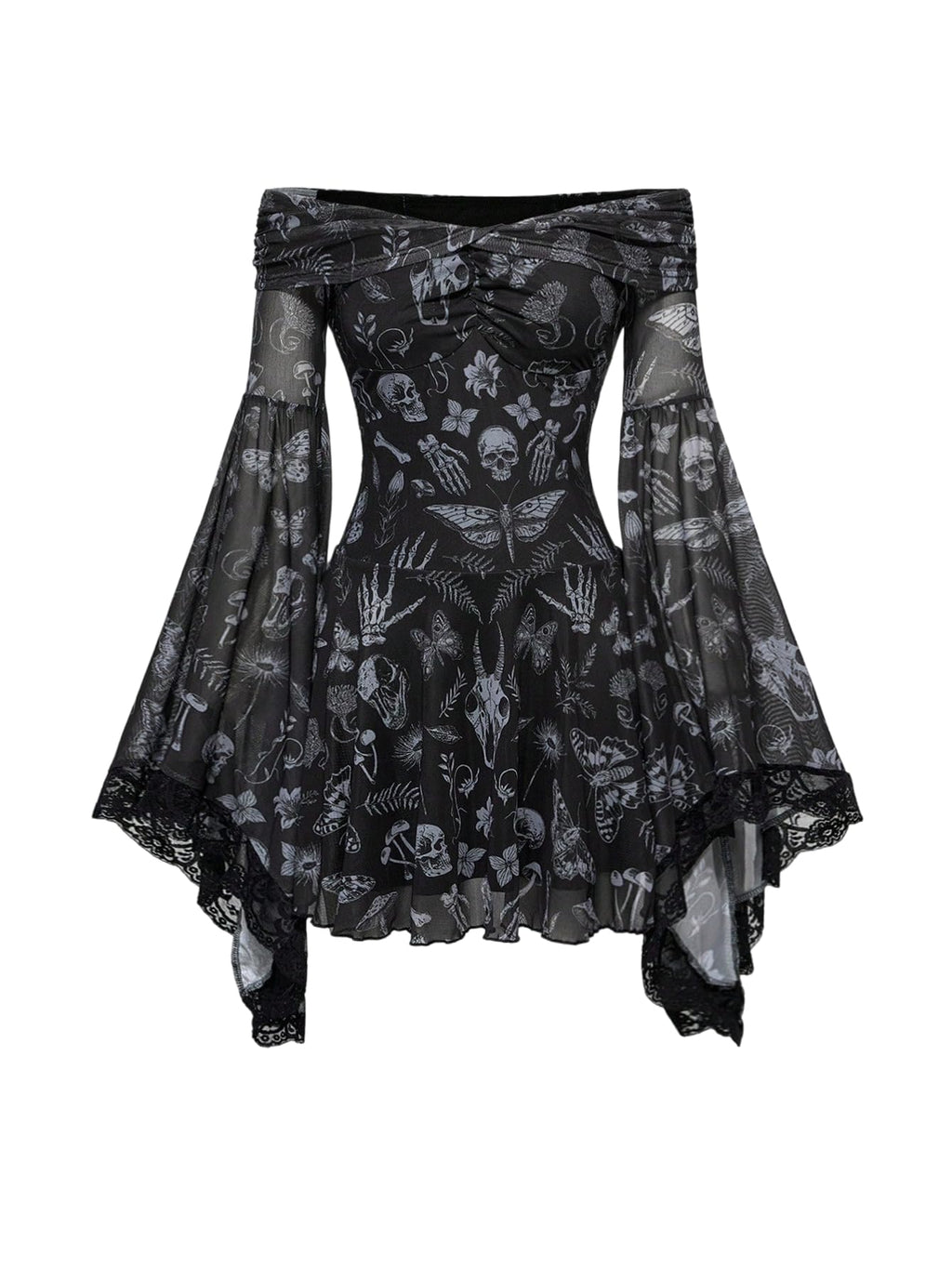 WDIRARA Women's Gothic Print Ruffle Off the Shoulder Dress Long Bell Sleeve Mesh Short Dresses Light Black X-Large