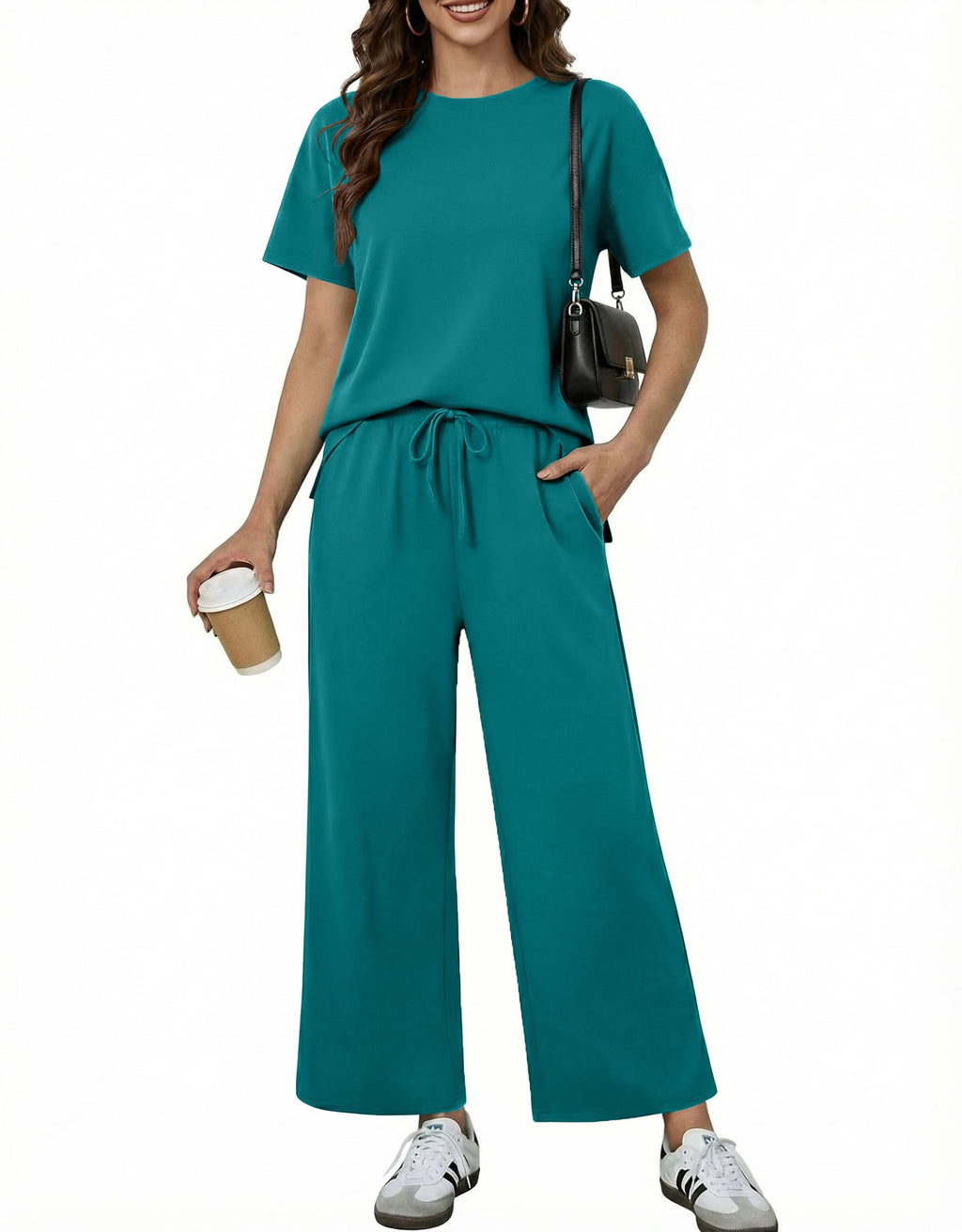 PINSPARK Matching Sets Short Sleeve Soft Lounge Sets for Women Soft Crewneck Sweatsuit with 2 Pockets Summer 2025 Womens Fashion,Teal X-Large
