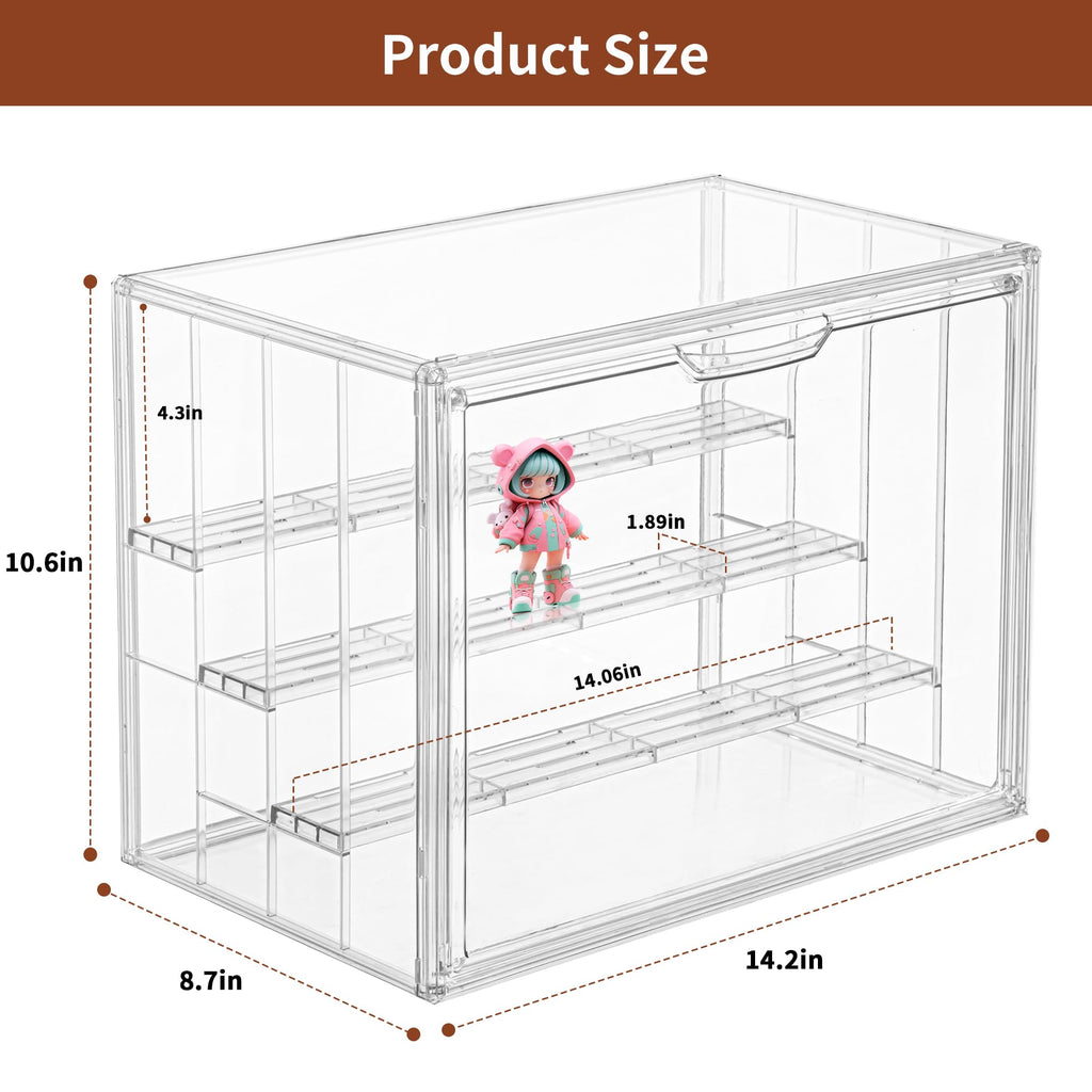 Clear Acrylic Display Case Upgrade 4 Tier Figure Display Case with 3 Movable Dividers, Stackable Display Box Showcase with Magnetic Door for Collectibles (Large-2pack)