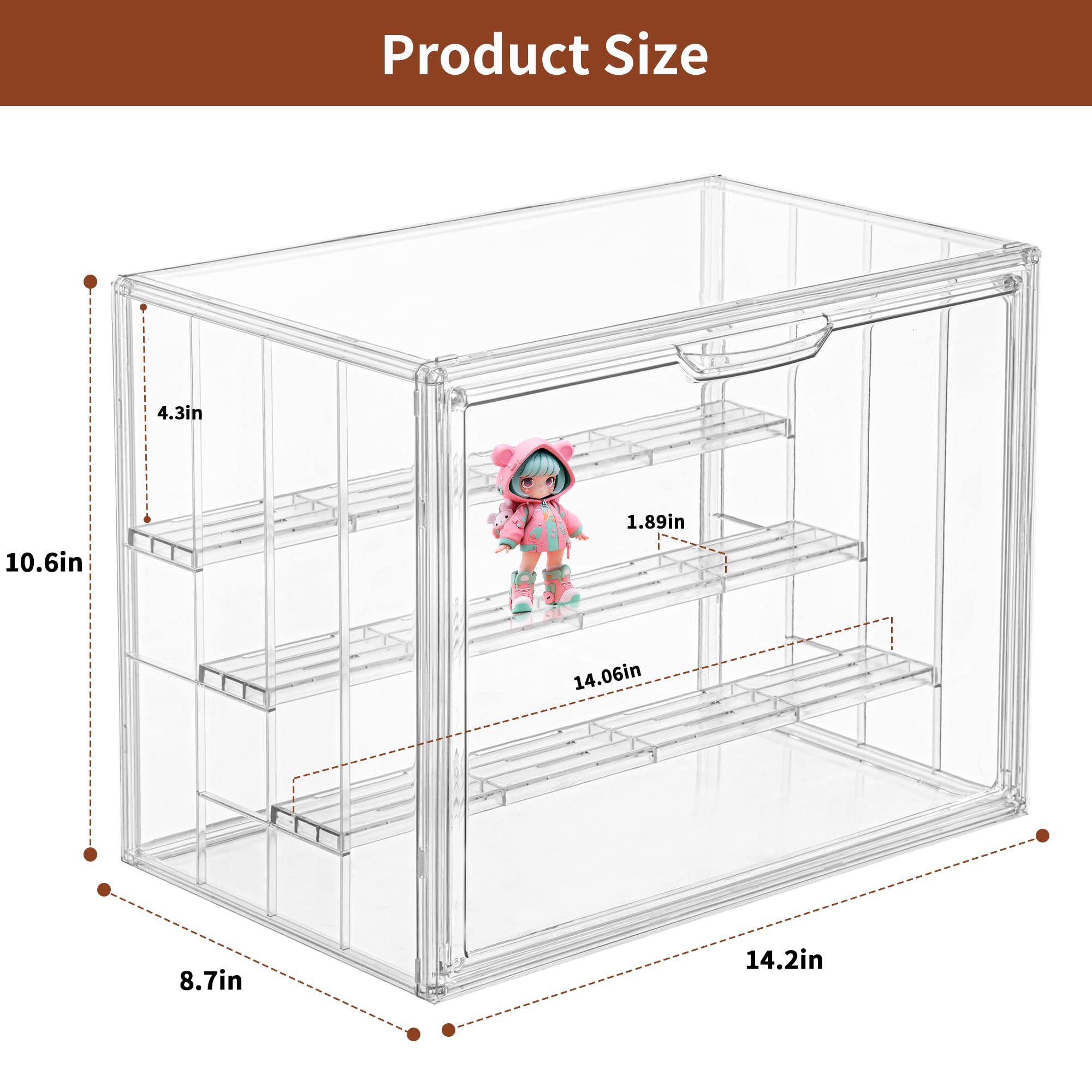 Clear Acrylic Display Case Upgrade 4 Tier Figure Display Case with 3 Movable Dividers, Stackable Display Box Showcase with Magnetic Door for Collectibles (Large-2pack)