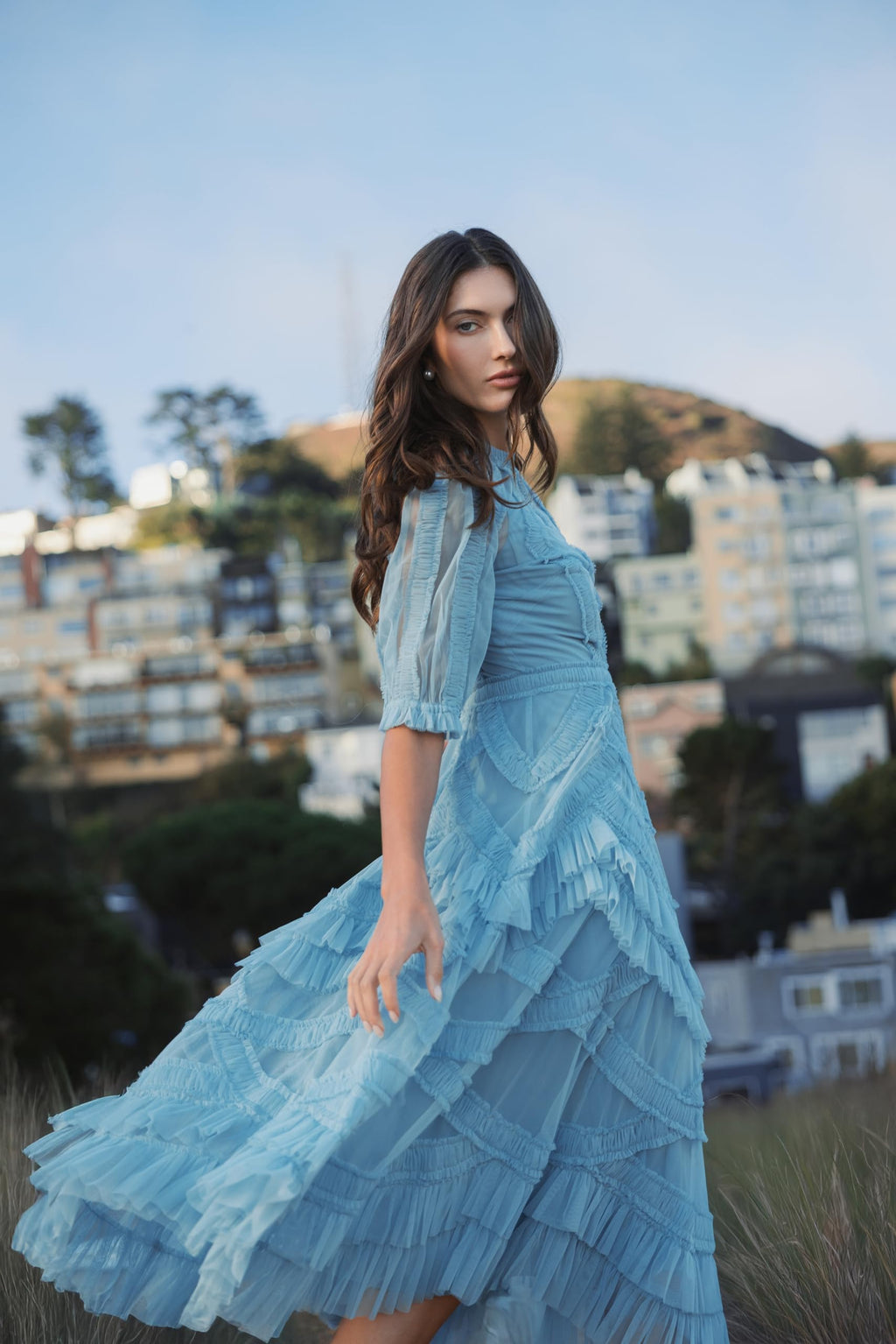 Mac Duggal Mesh Ruffle Tiered A Line Midi Dress French Blue