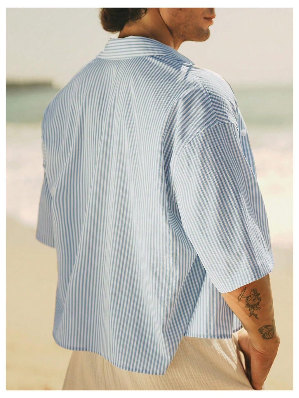 GORGLITTER Men's Cropped Button Up Shirts Striped Short Sleeve Crop Tops Summer Vacation Cruise Outfits Black and White Small