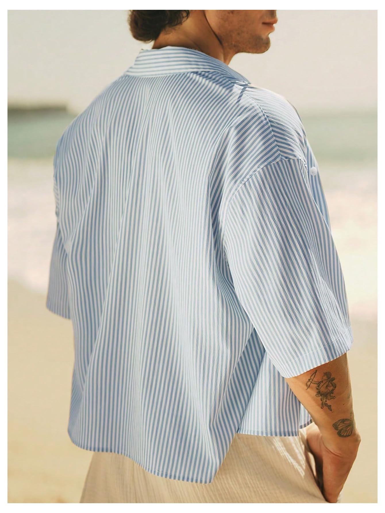 GORGLITTER Men's Cropped Button Up Shirts Striped Short Sleeve Crop Tops Summer Vacation Cruise Outfits Black and White Small