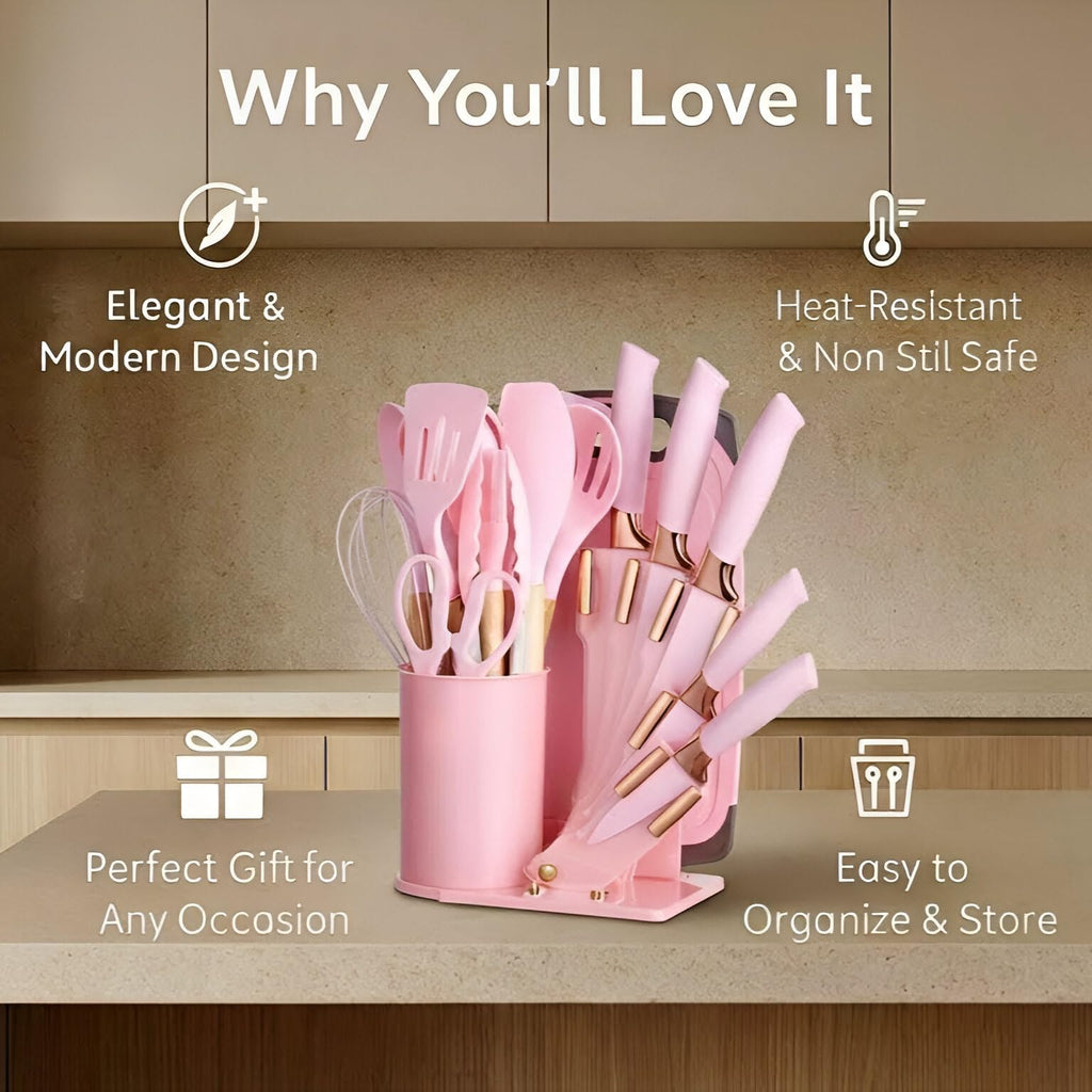 DANFFI 19-Piece Pink Kitchen Utensil Set – Silicone Cooking Tools with Wooden Handles, Non-Stick & Heat Resistant, Includes Knives, Scissors & Cutting Board – BPA-Free Kitchen Accessories