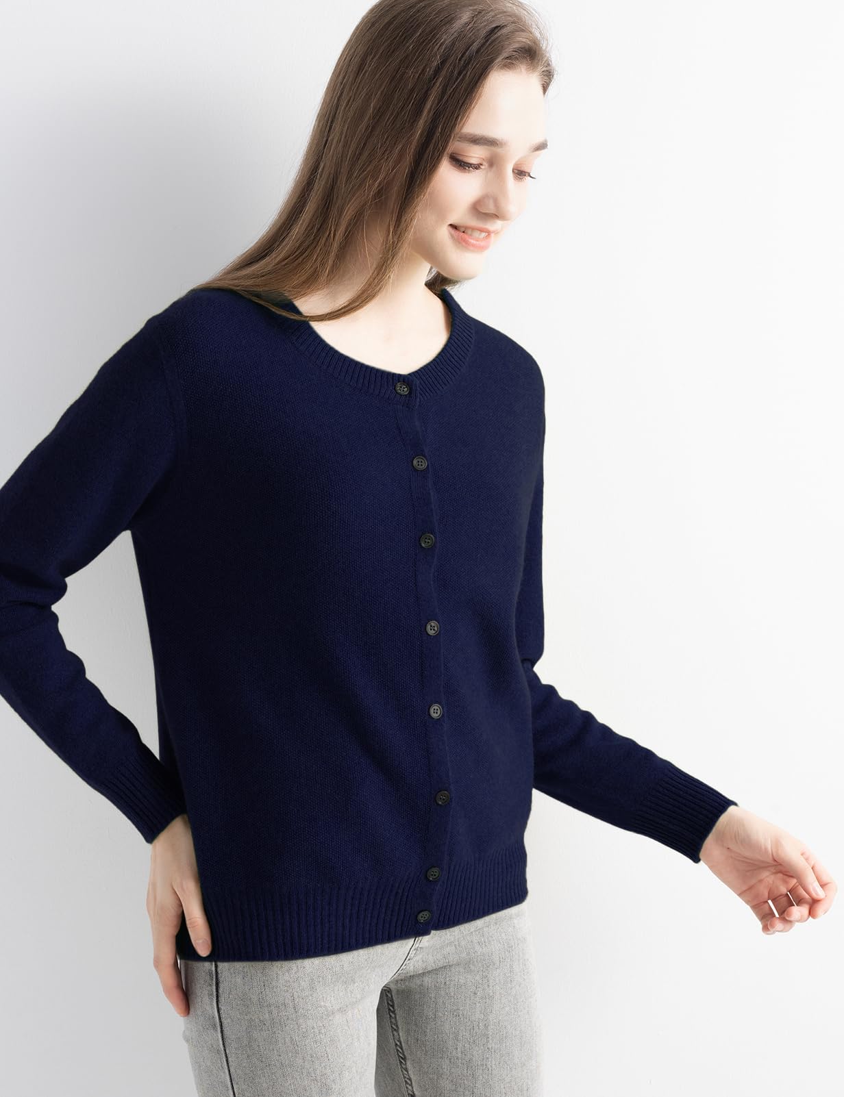Chanyarn Women's 100% Pure Cashmere Cardigan Crew Neck Long Sleeve 2025 Fall Winter Warm Soft Knit Cardigan Sweater (Navy Blue,M)