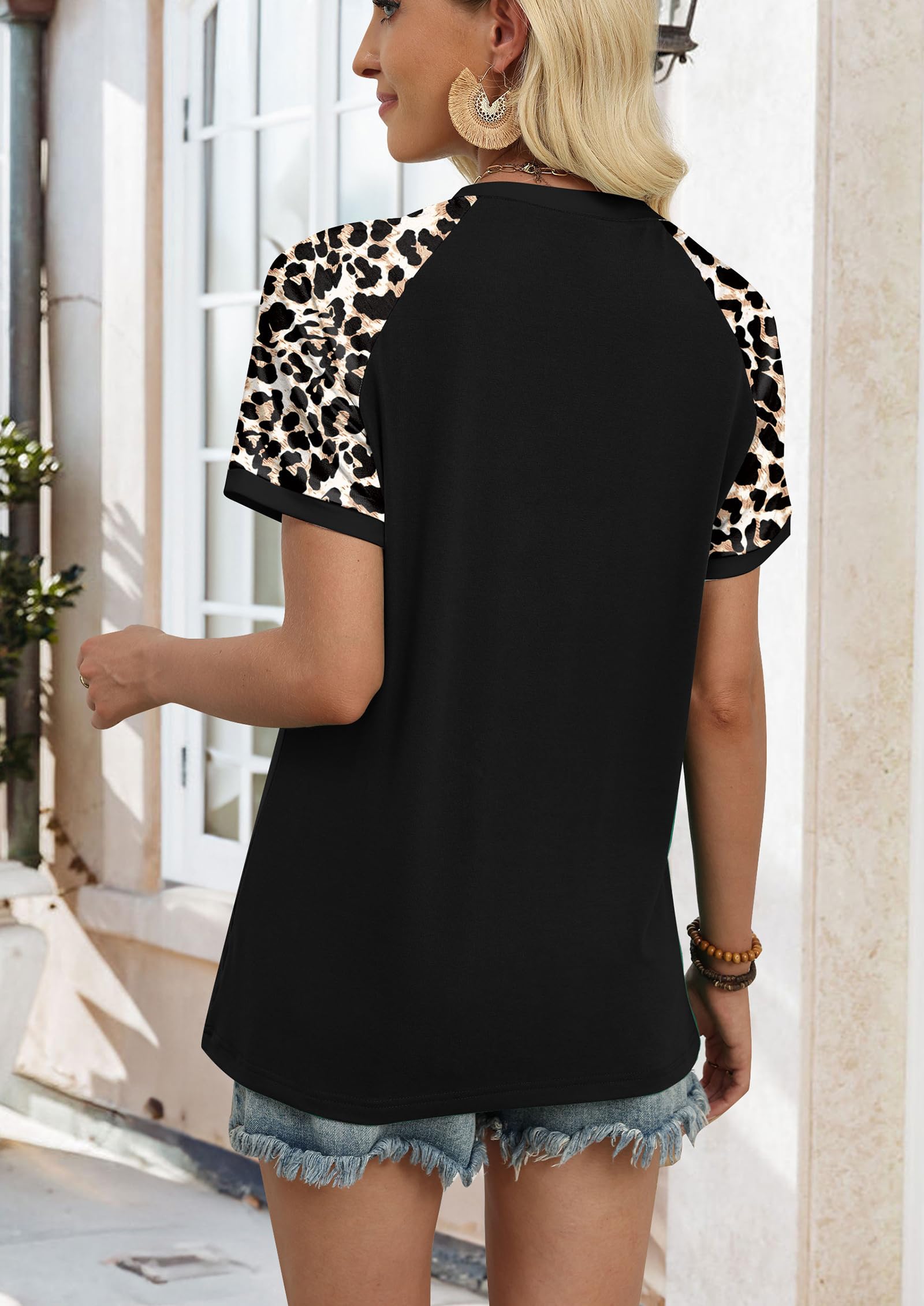 WIHOLL Boho Tops for Women Spring Trendy Summer Vacation Outfit Short Sleeve Shirts Plus Size Fashion Clothing Vintage Cruise Outfits Leopard Print Black XL