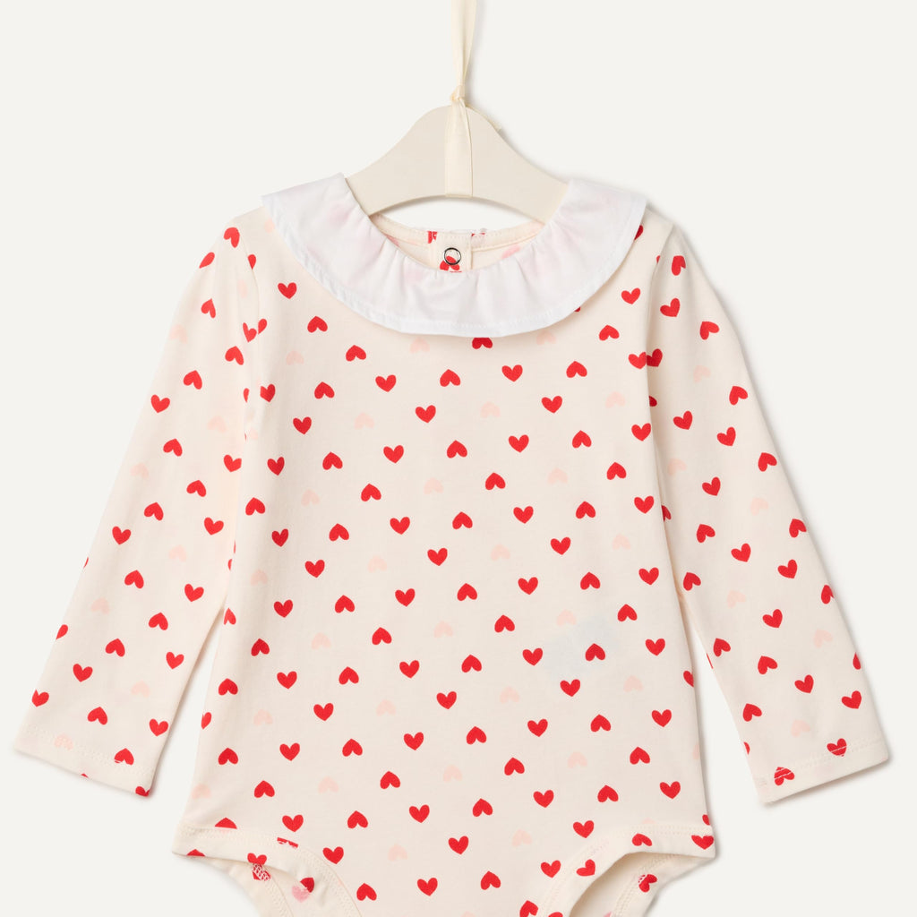 Amazon Essentials x Sofia Grainge Baby Girls' Long Sleeve Ruffle Collar Bodysuit, Pack of 2, Red/Hearts, 6-9 Months