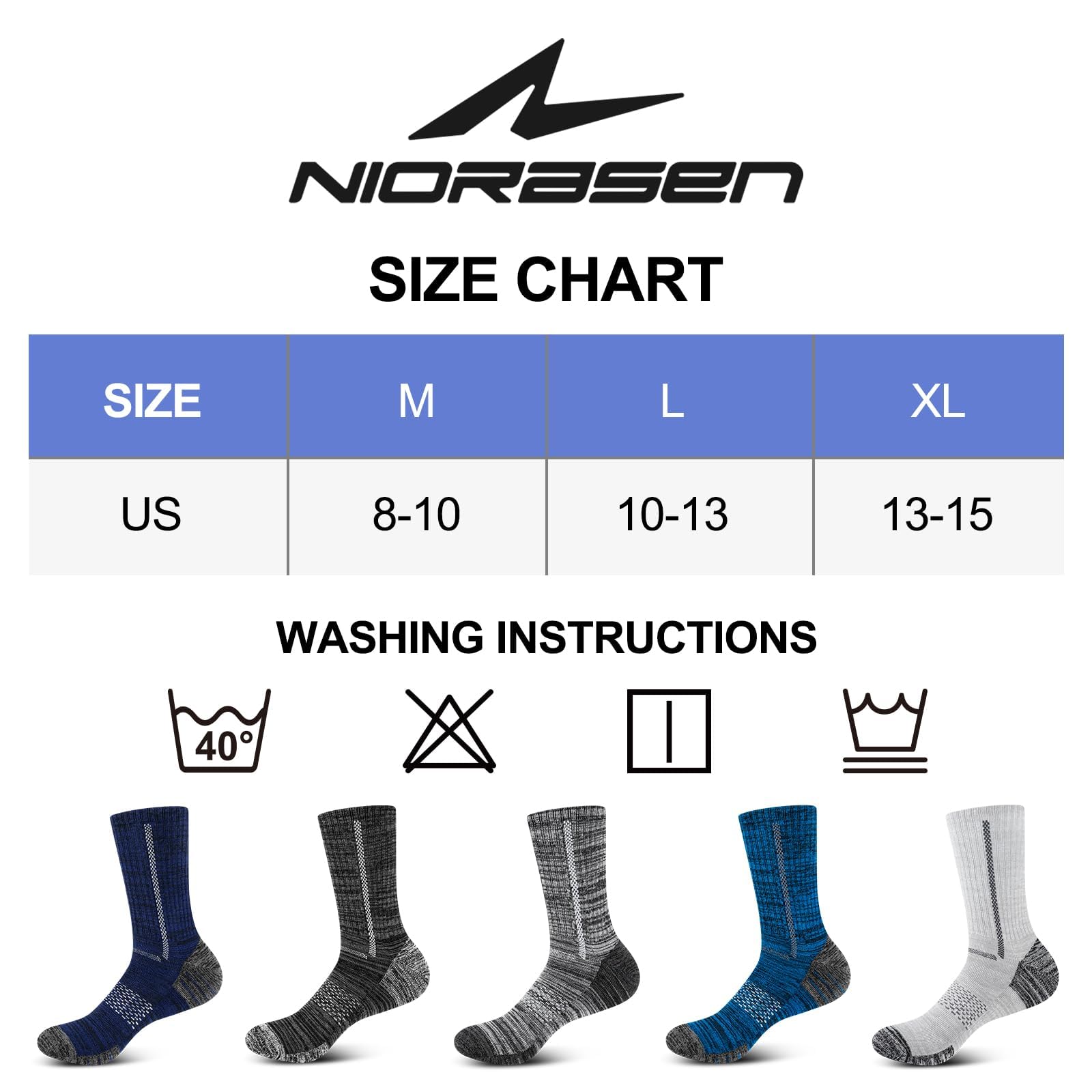 Niorasen Men's Cotton Crew Work Socks, 5 Pairs Cushioned Boot Socks, Moisture Wicking Athletic Socks for Hiking Sports Running 10-13 (Multicolor)