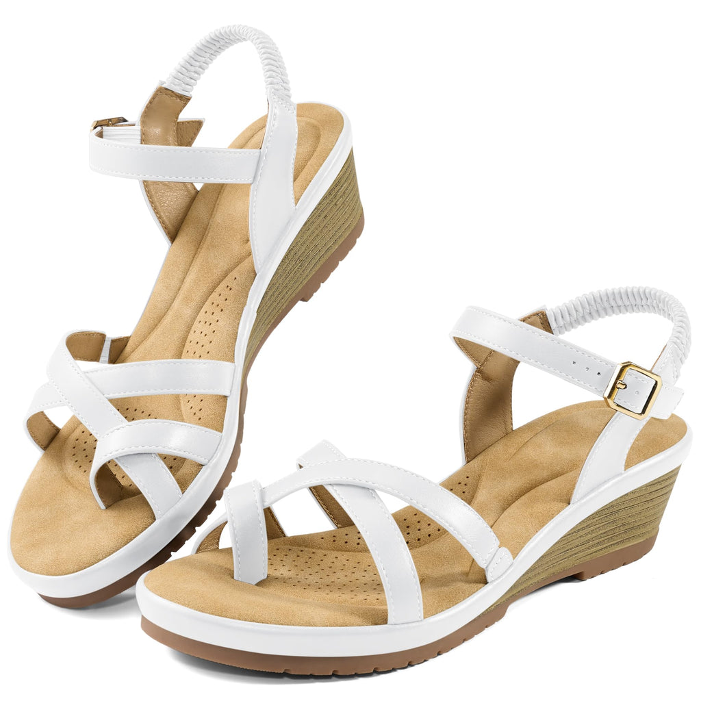 Aomigoct Dressy Womens Wedge Sandals: White 8 Comfortable Platform Work Sandals for Women 2026 - Elastic Back Strap Casual Walking Wedding Shoes