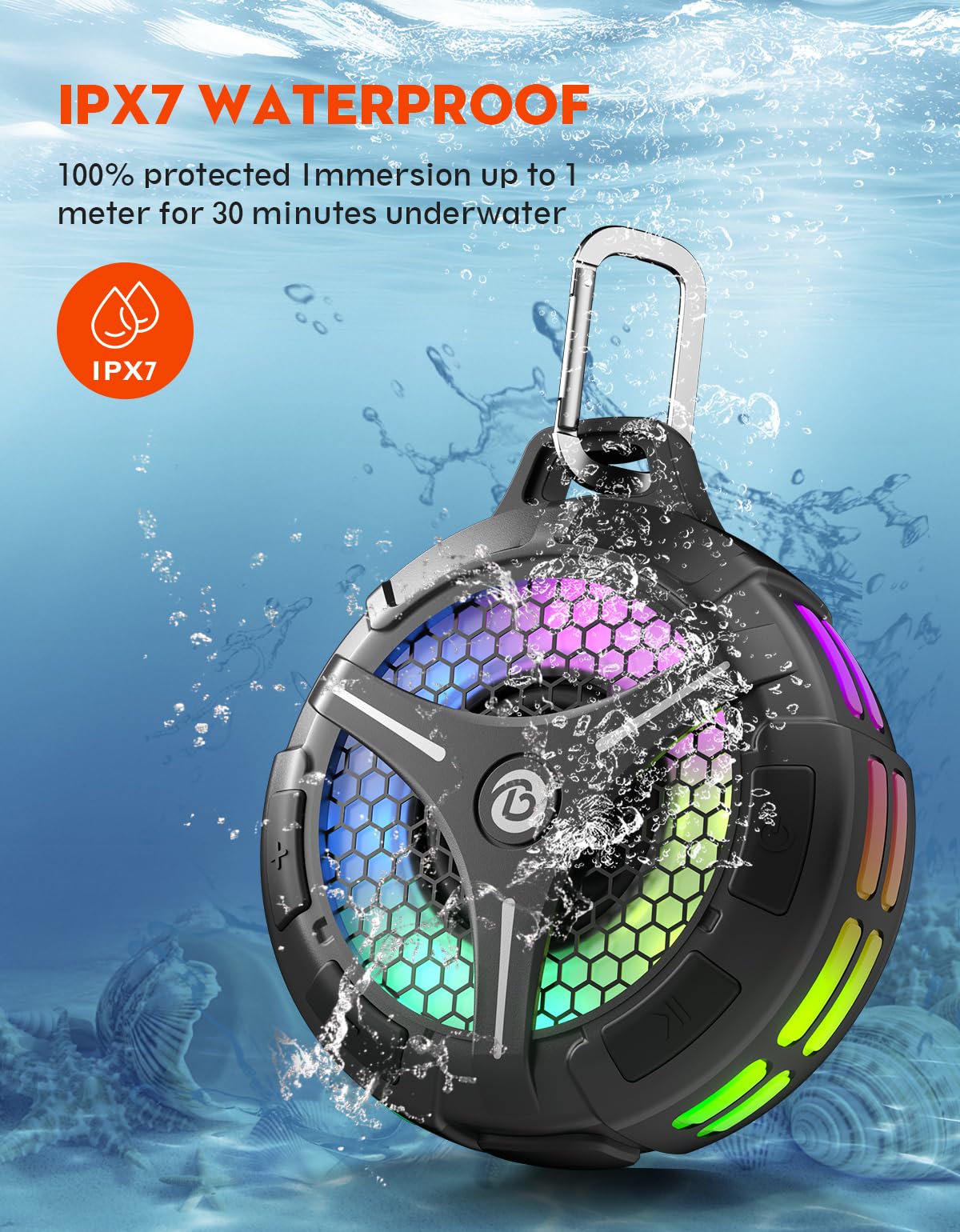 bondidea Bluetooth Shower Speaker, Suction Cup, Small Portable Wireless IPX7 Waterproof Outdoor Speakers, 15W Loud Stereo Sound Deep Bass, TWS Pairs, 6 Mode RGB Lights, All Ages Gift for Christmas