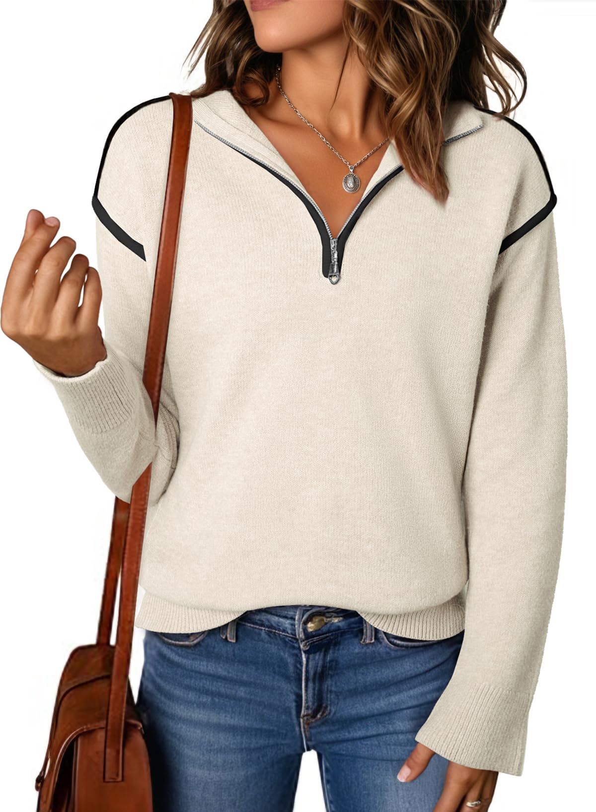 EVALESS Women's Casual Long Sleeve Quarter Zip Pullover Sweaters 2025 Fashion Trendy Fall V Neck Collar Ribbed Knitted Chunky Loose Clothes Outfits,Beige Small